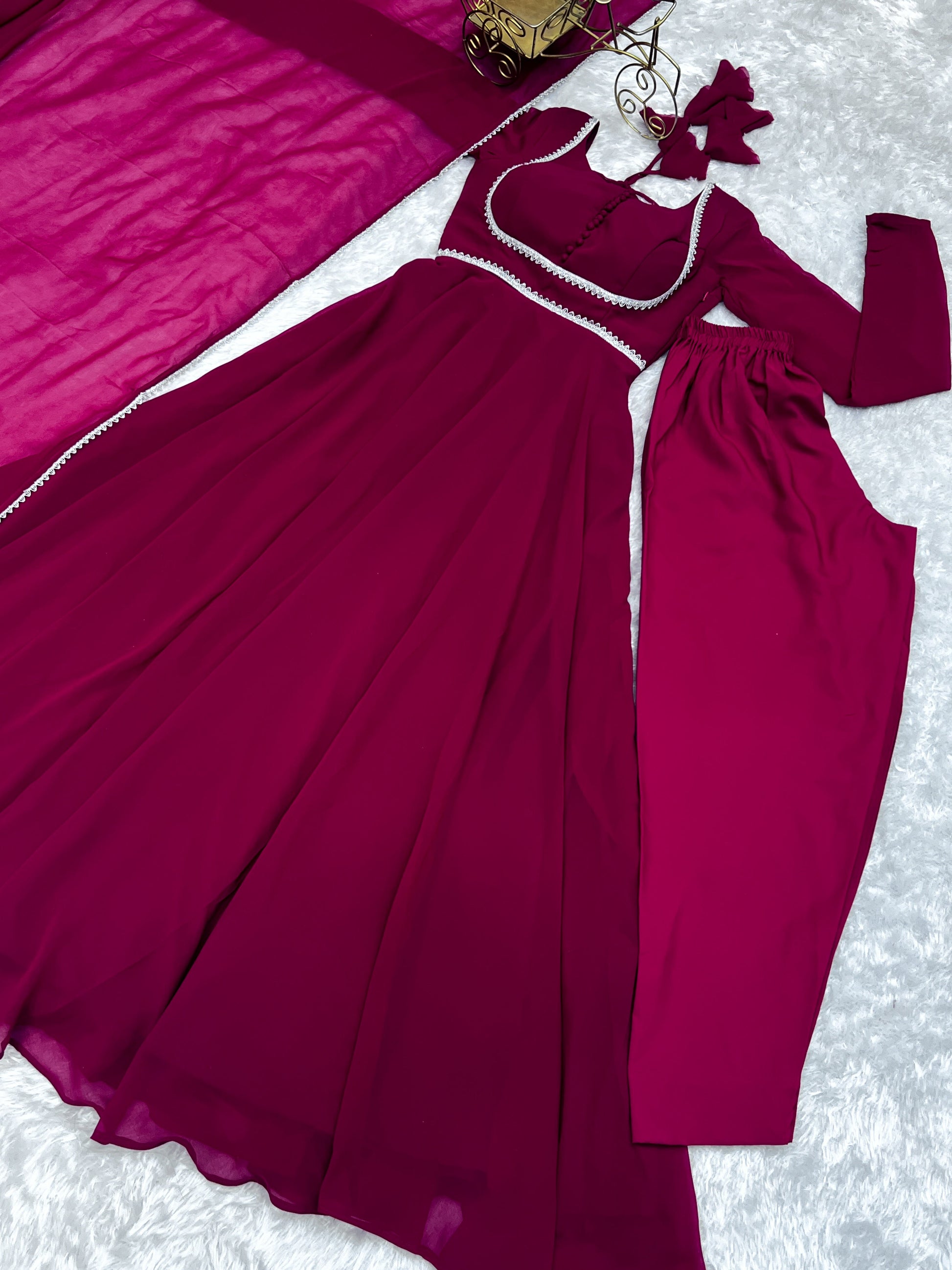 Fetching Faux Georgette Fancy Neck Anarkali Pant Suit - INDIAN ELEGANCE