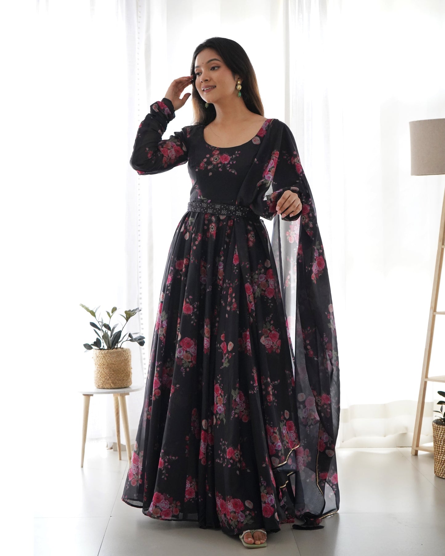 Glamorous Organza Silk Floral Printed Designer Anarkali Pant Suit - INDIAN ELEGANCE