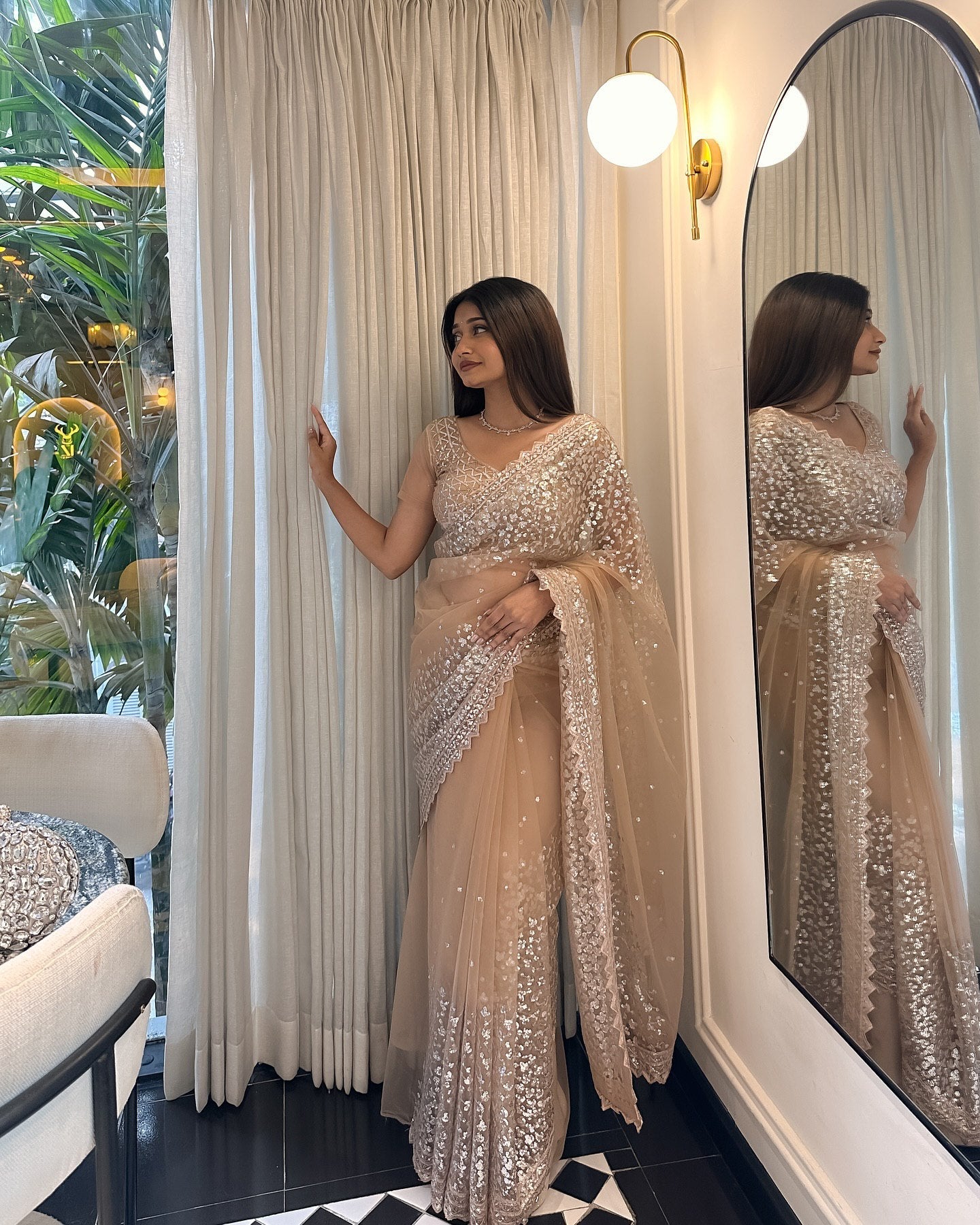 Designer Butterfly Mono Net Saree With Thread & Sequins Work