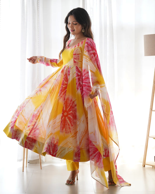 Luminous Yellow Floral Printed Fully Stitched Anarkali Pant Suit - INDIAN ELEGANCE