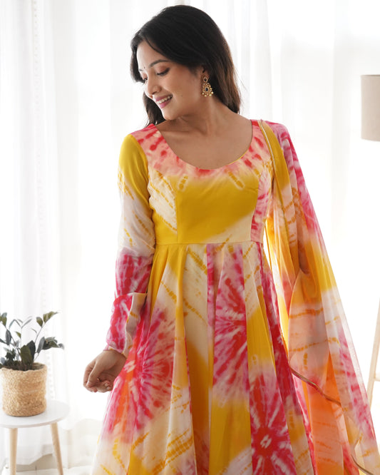 Luminous Yellow Floral Printed Fully Stitched Anarkali Pant Suit - INDIAN ELEGANCE