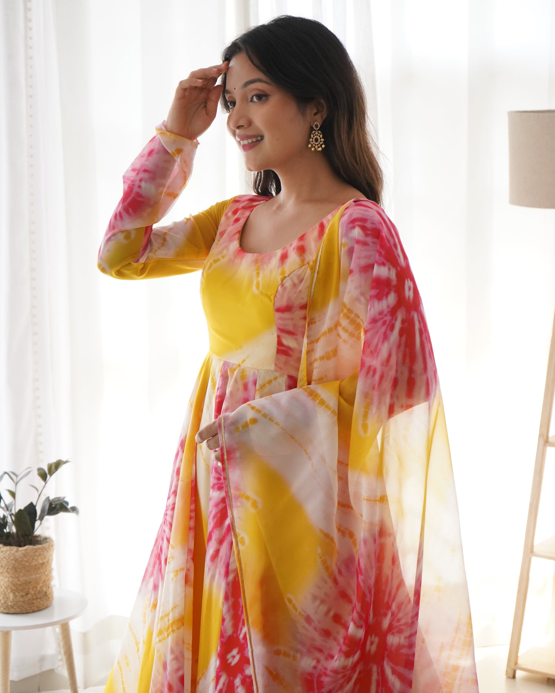 Luminous Yellow Floral Printed Fully Stitched Anarkali Pant Suit - INDIAN ELEGANCE