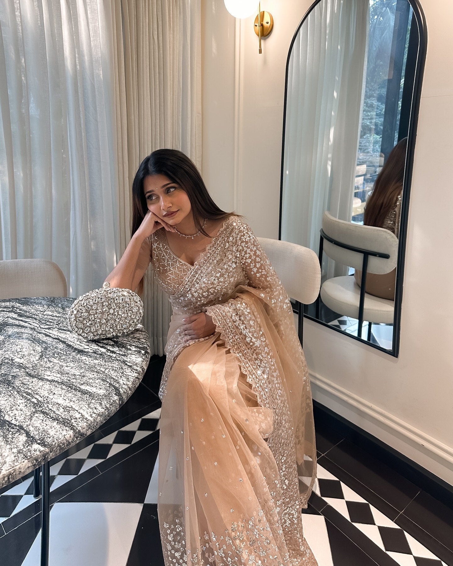 Designer Butterfly Mono Net Saree With Thread & Sequins Work