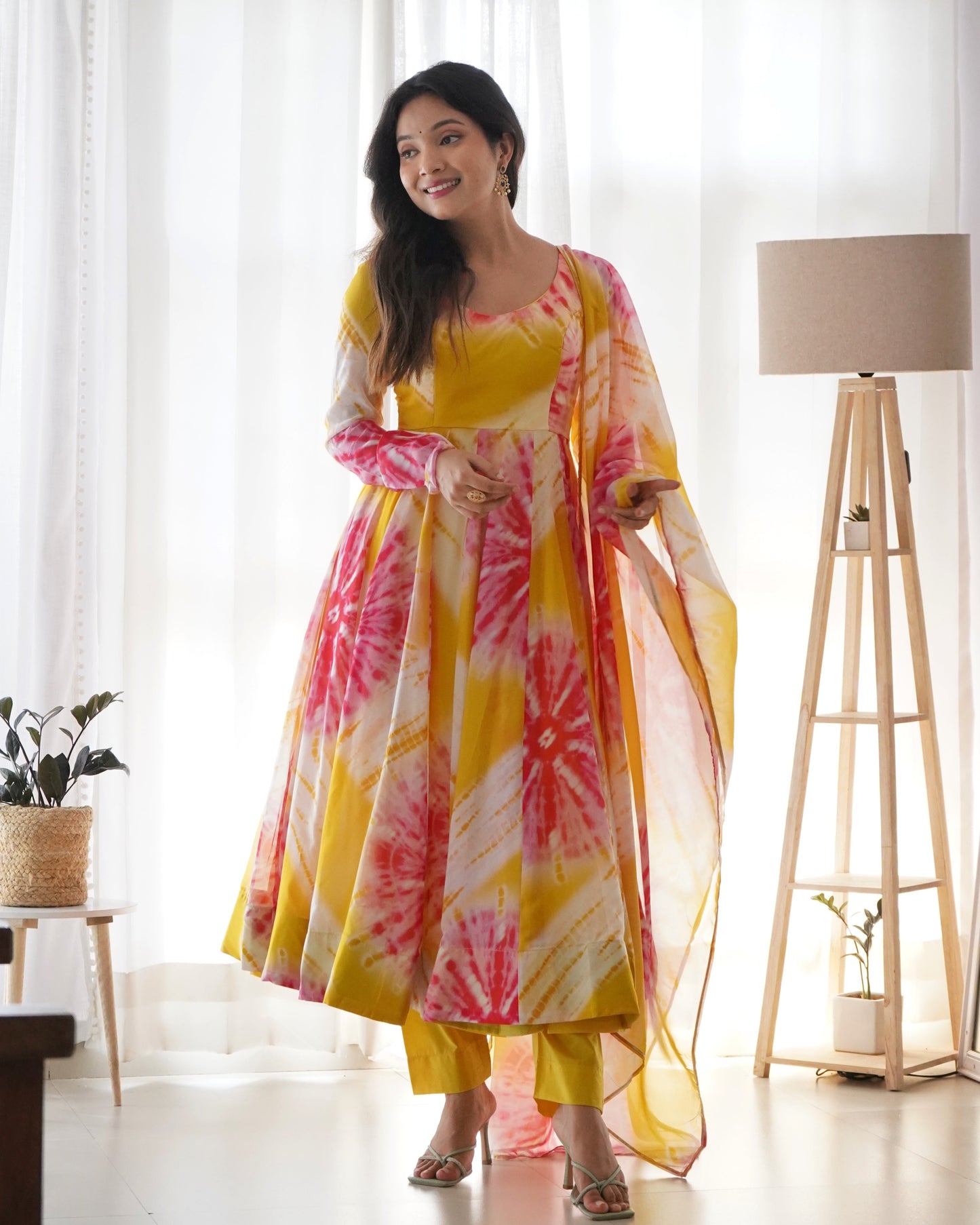 Luminous Yellow Floral Printed Fully Stitched Anarkali Pant Suit - INDIAN ELEGANCE