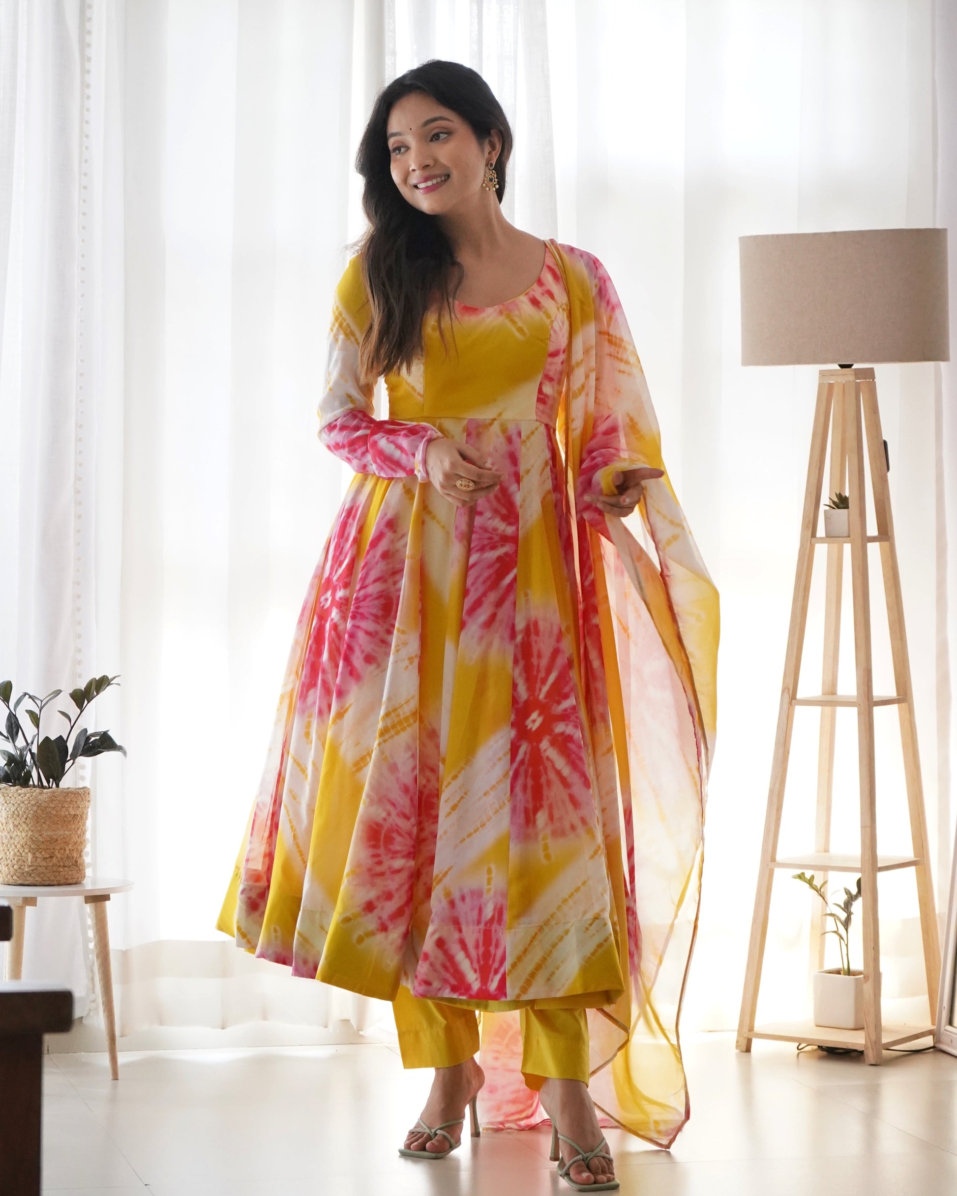 Luminous Yellow Floral Printed Fully Stitched Anarkali Pant Suit - INDIAN ELEGANCE