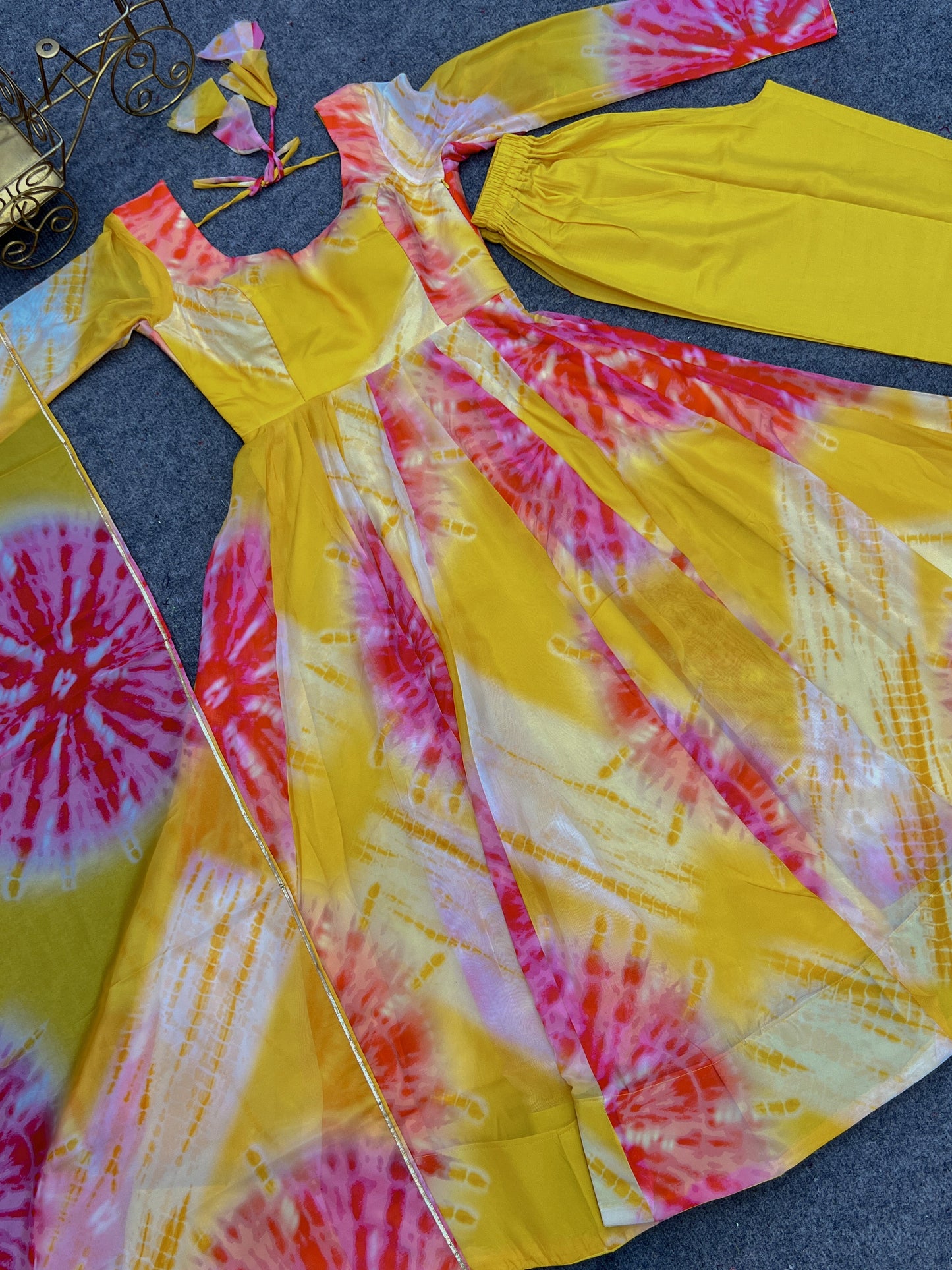 Luminous Yellow Floral Printed Fully Stitched Anarkali Pant Suit - INDIAN ELEGANCE