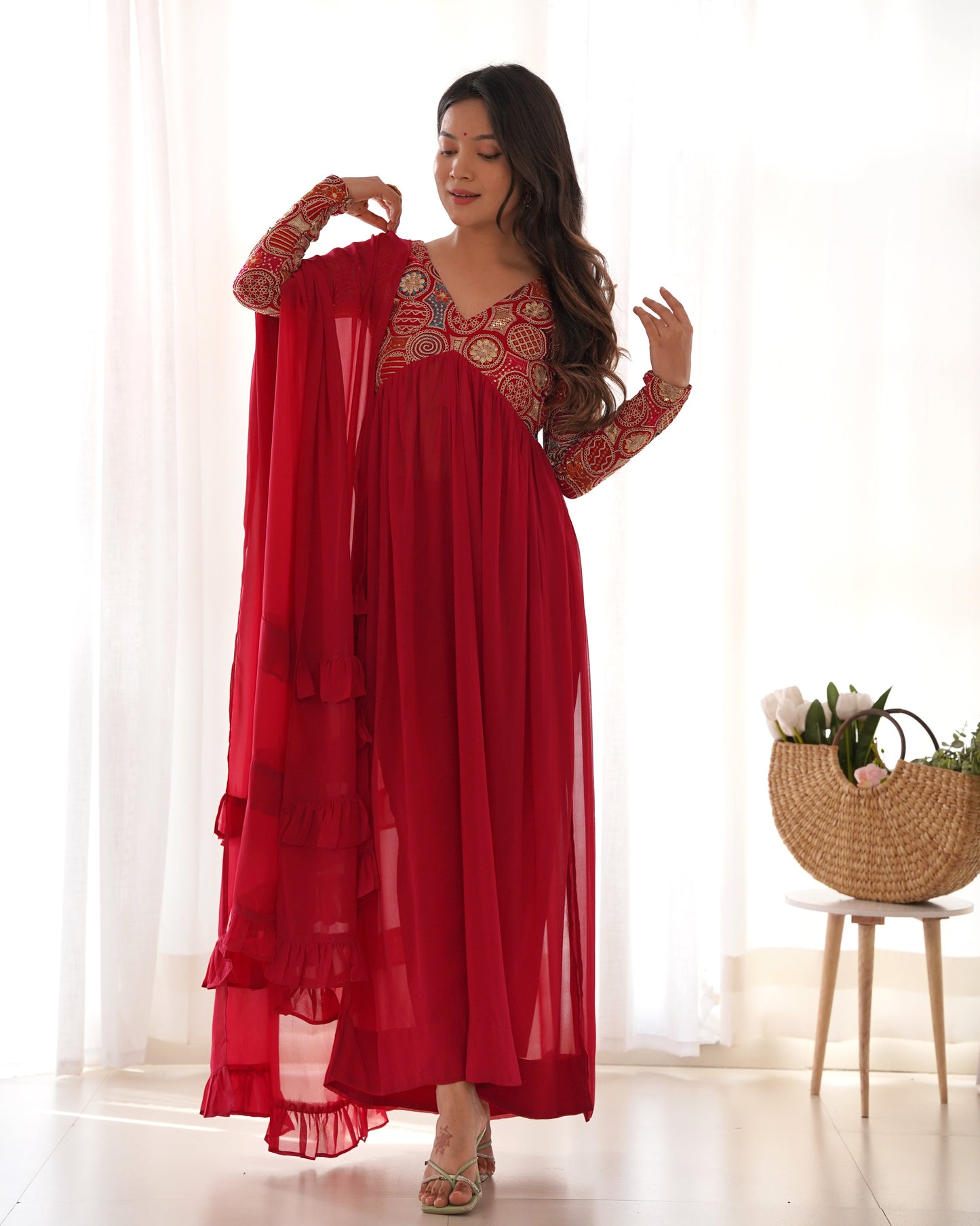 Classy Red Faux Georgette Sequins Dori Thread Zari Worked Anarkali Pant Suit - INDIAN ELEGANCE