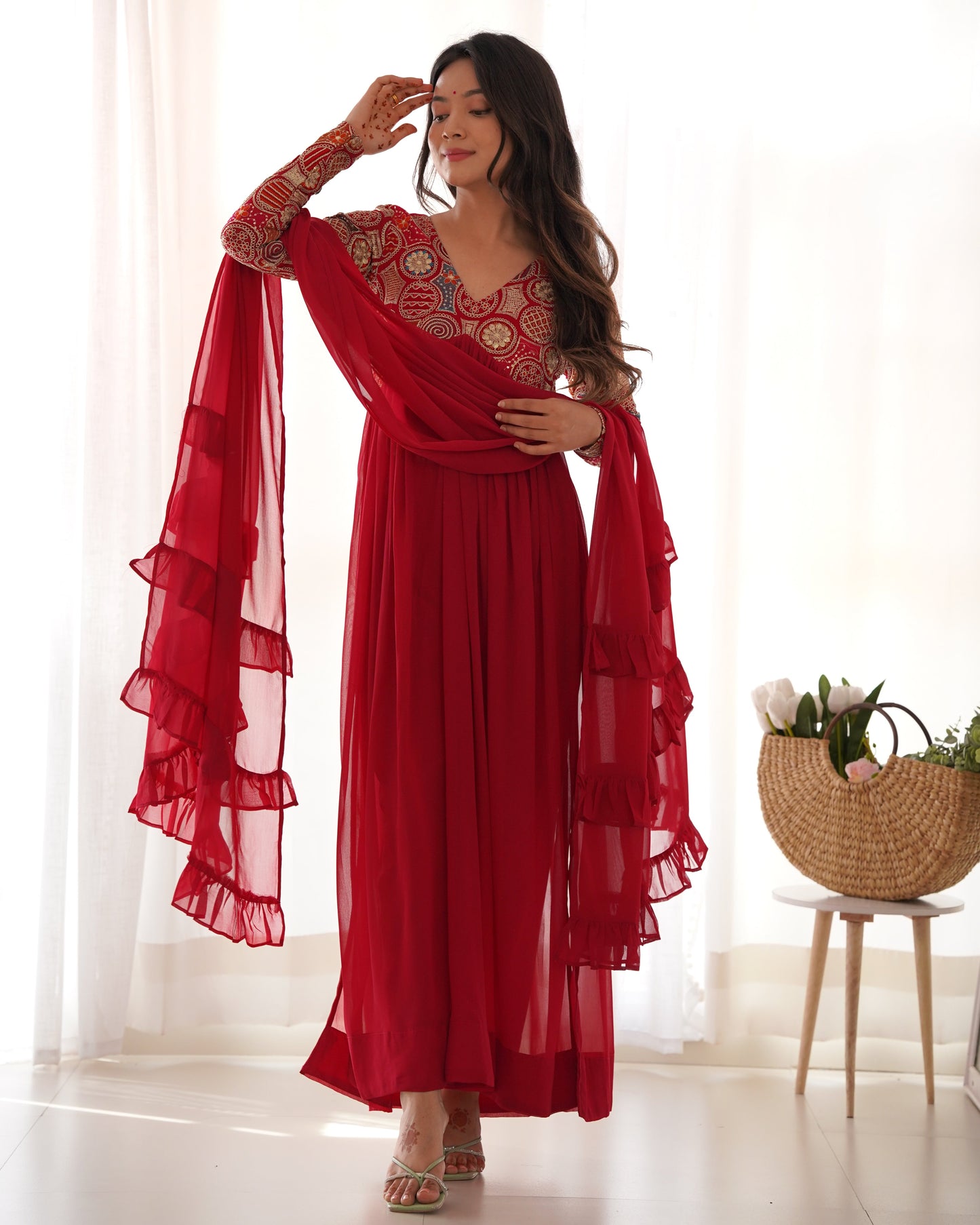 Classy Red Faux Georgette Sequins Dori Thread Zari Worked Anarkali Pant Suit - INDIAN ELEGANCE