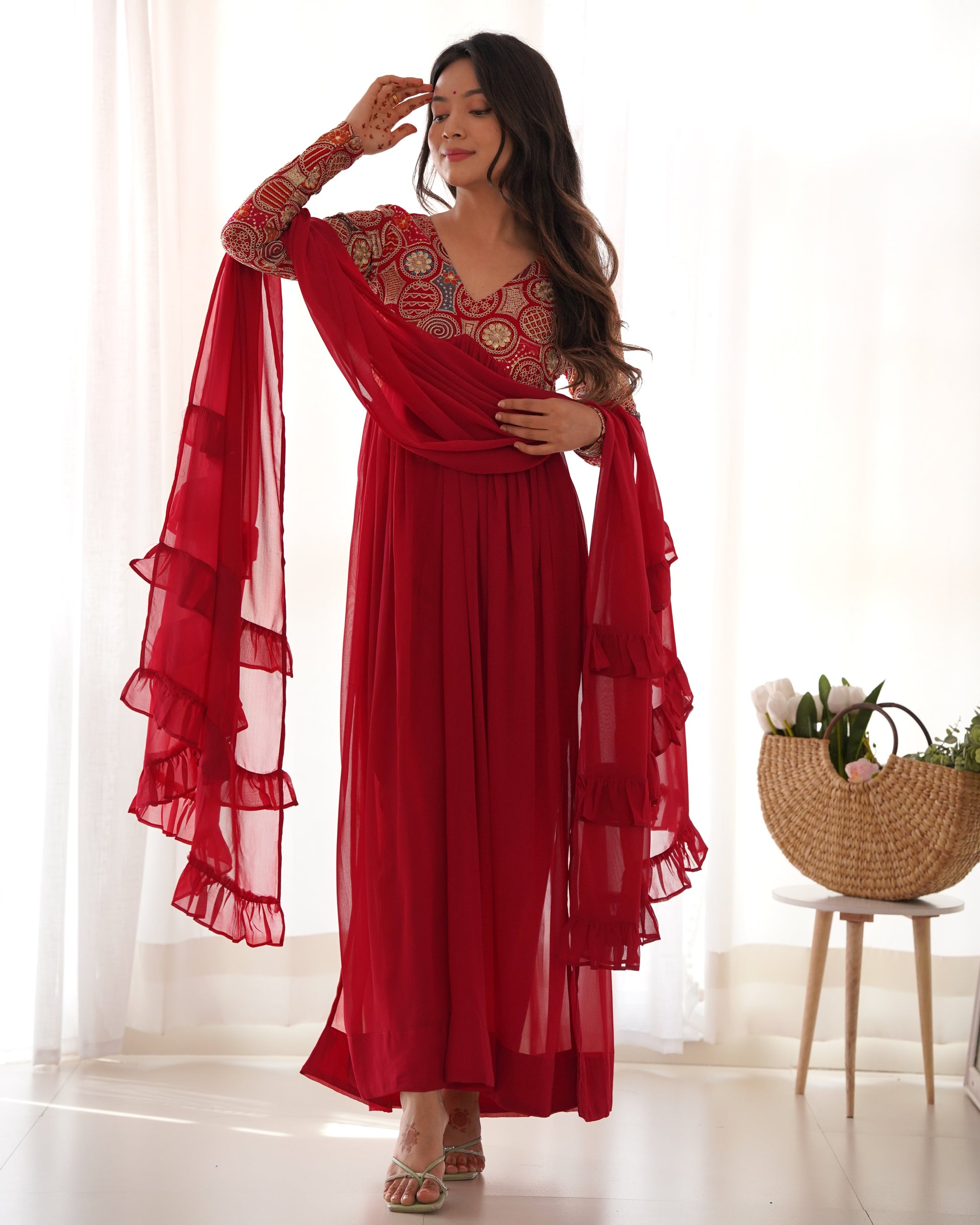 Classy Red Faux Georgette Sequins Dori Thread Zari Worked Anarkali Pant Suit - INDIAN ELEGANCE