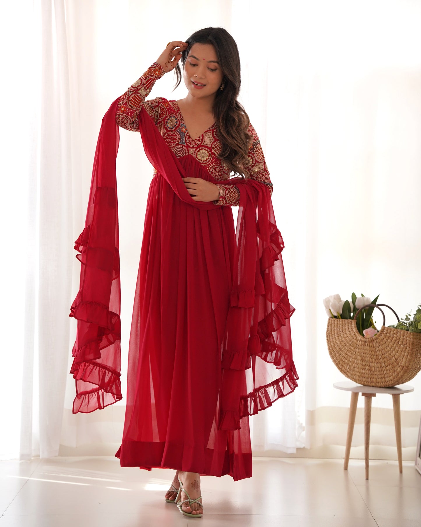 Classy Red Faux Georgette Sequins Dori Thread Zari Worked Anarkali Pant Suit - INDIAN ELEGANCE