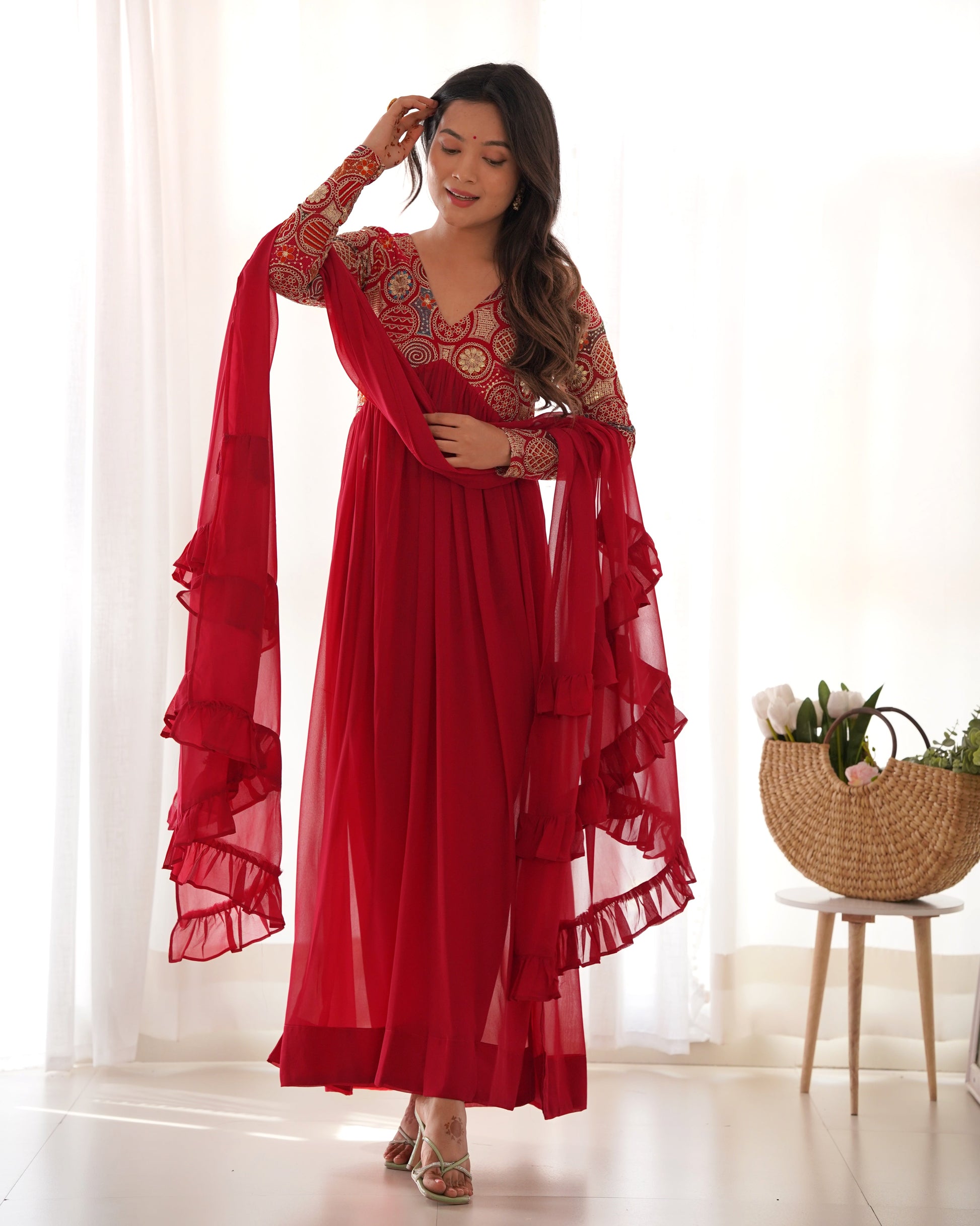 Classy Red Faux Georgette Sequins Dori Thread Zari Worked Anarkali Pant Suit - INDIAN ELEGANCE