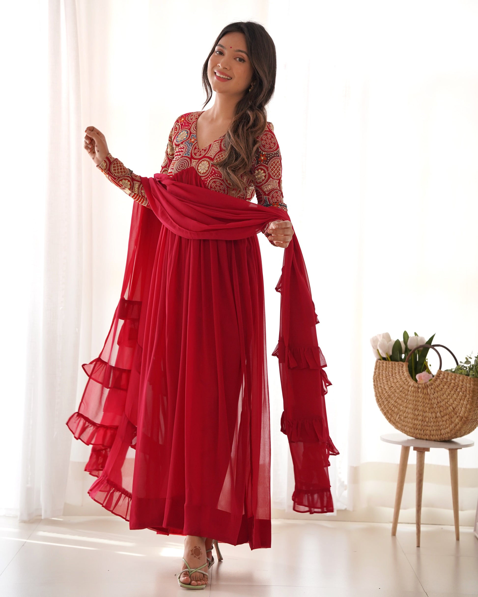 Classy Red Faux Georgette Sequins Dori Thread Zari Worked Anarkali Pant Suit - INDIAN ELEGANCE