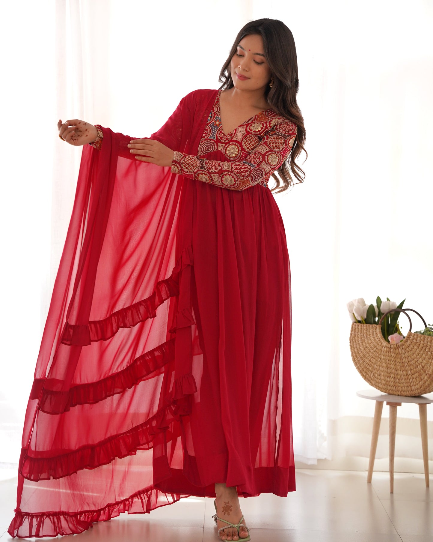Classy Red Faux Georgette Sequins Dori Thread Zari Worked Anarkali Pant Suit - INDIAN ELEGANCE
