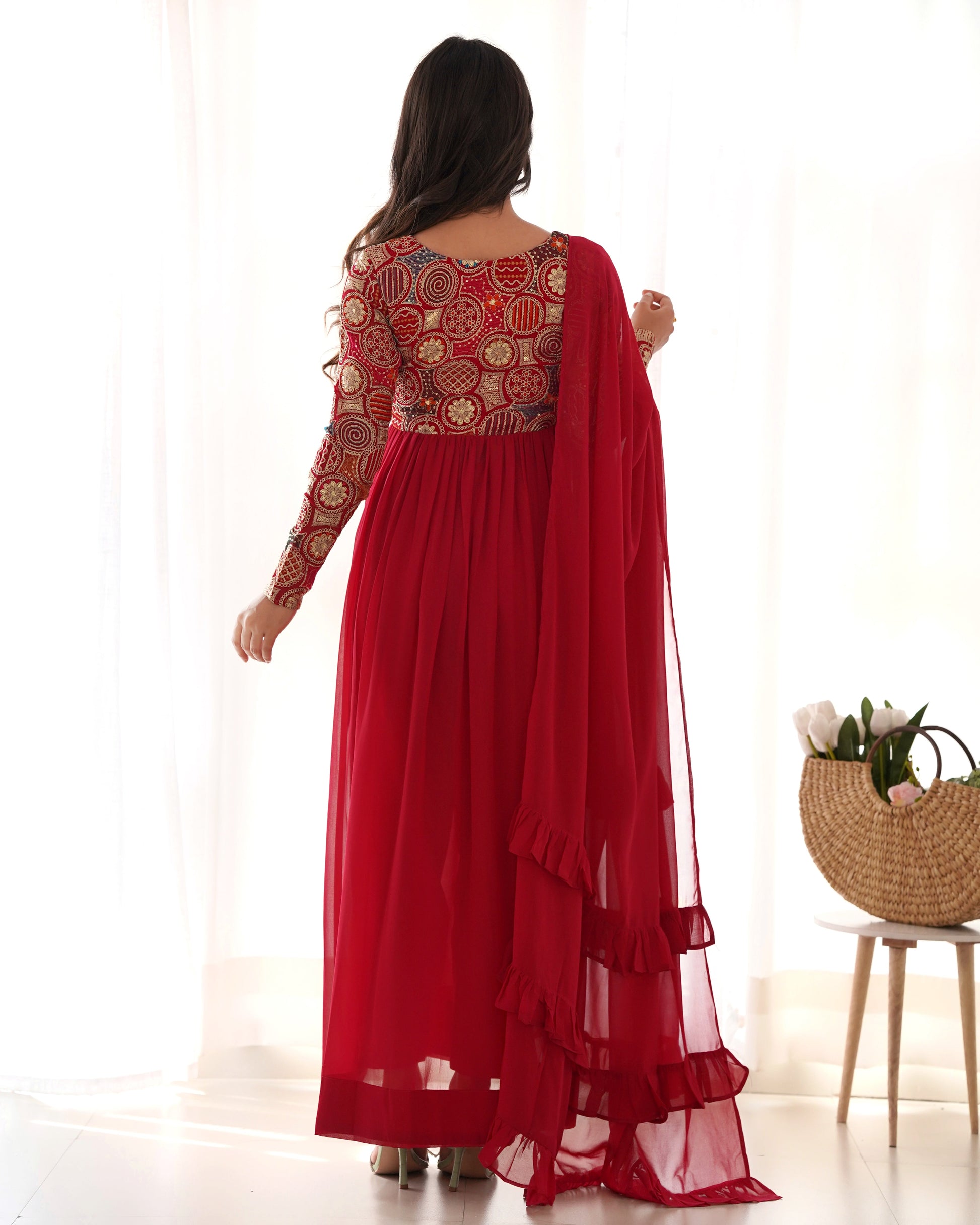 Classy Red Faux Georgette Sequins Dori Thread Zari Worked Anarkali Pant Suit - INDIAN ELEGANCE