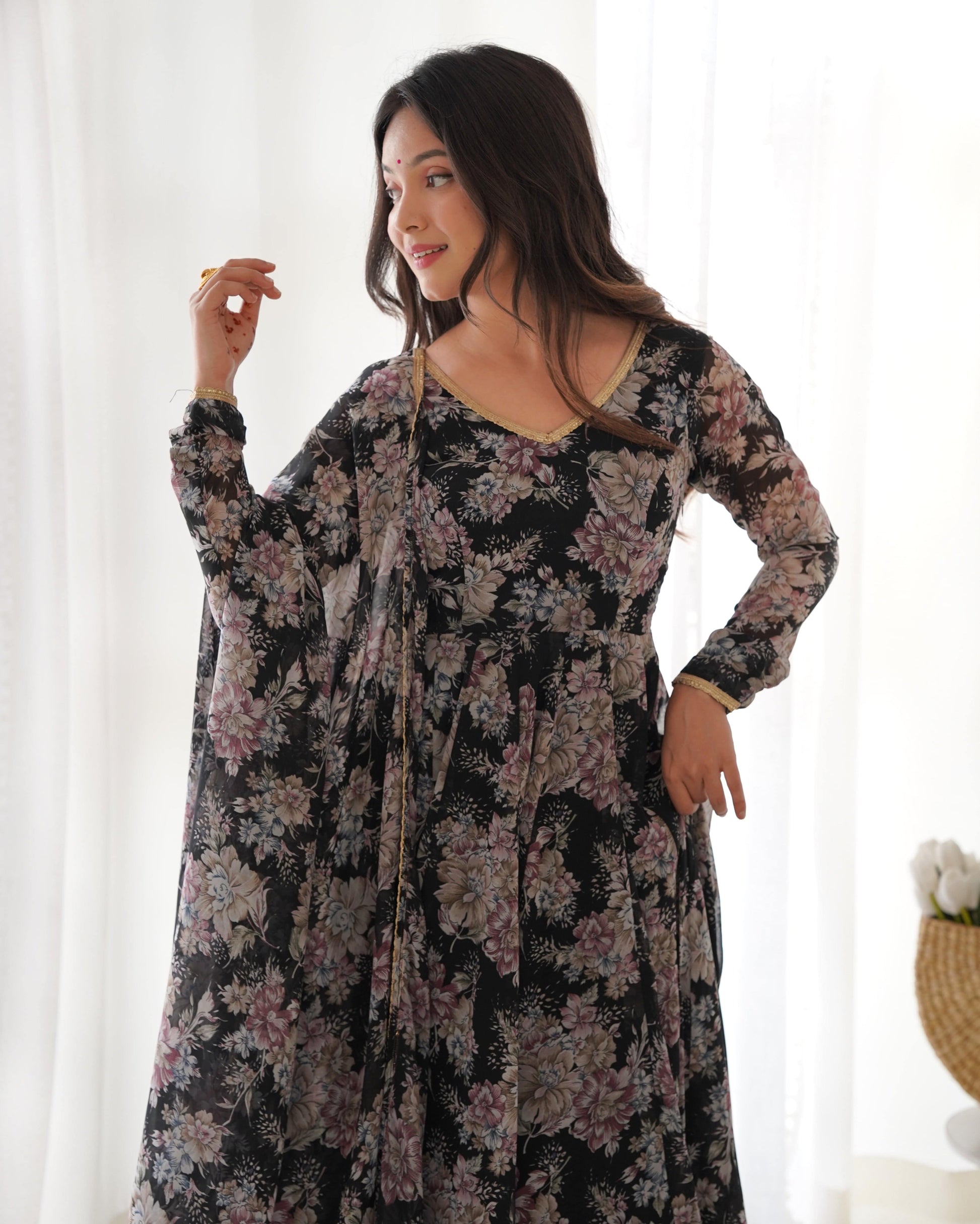 Captivating Black Floral Printed Fully Stitched Designer Anarkali Pant Suit - INDIAN ELEGANCE