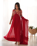 Classy Red Faux Georgette Sequins Dori Thread Zari Worked Anarkali Gown