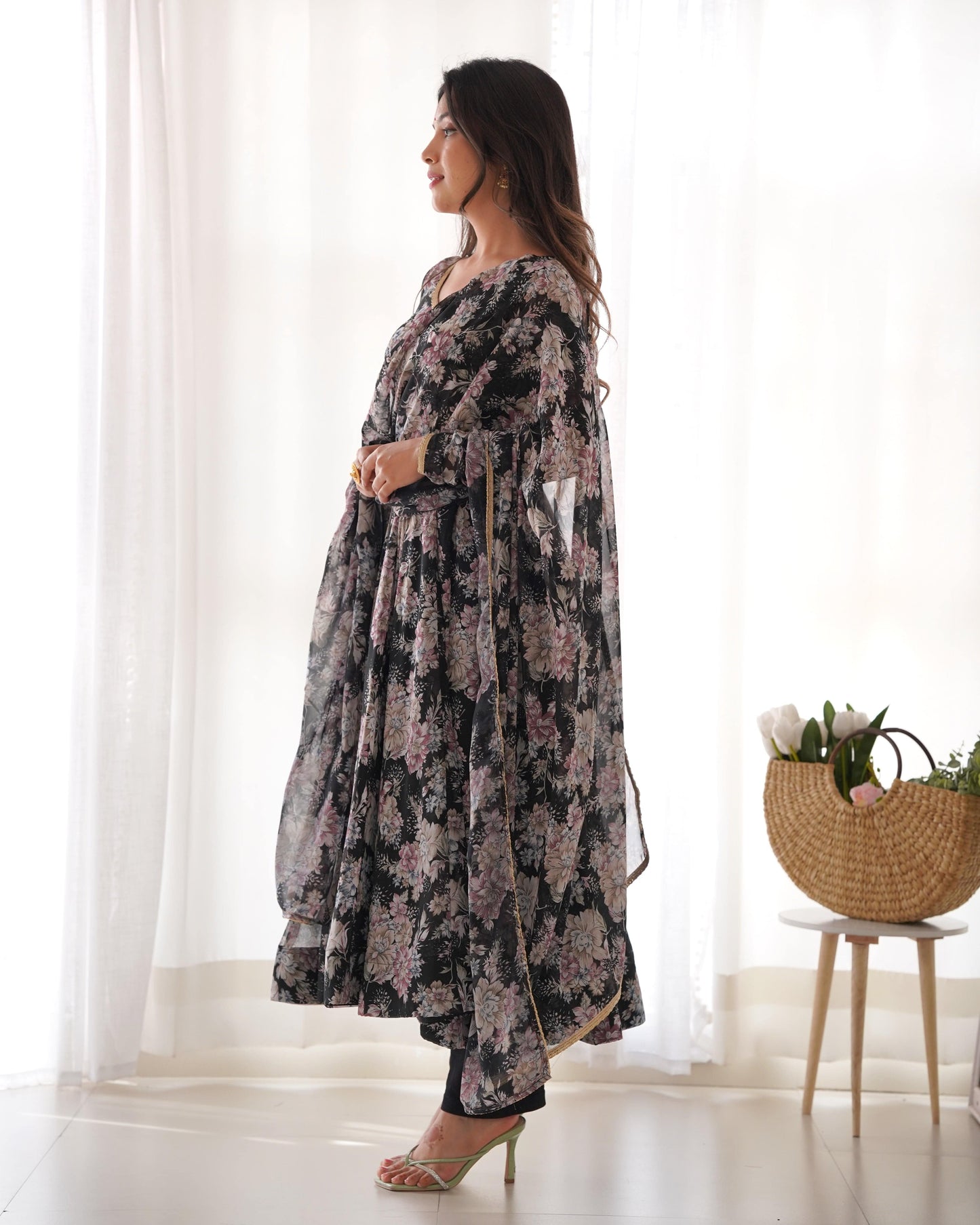 Captivating Black Floral Printed Fully Stitched Designer Anarkali Pant Suit - INDIAN ELEGANCE