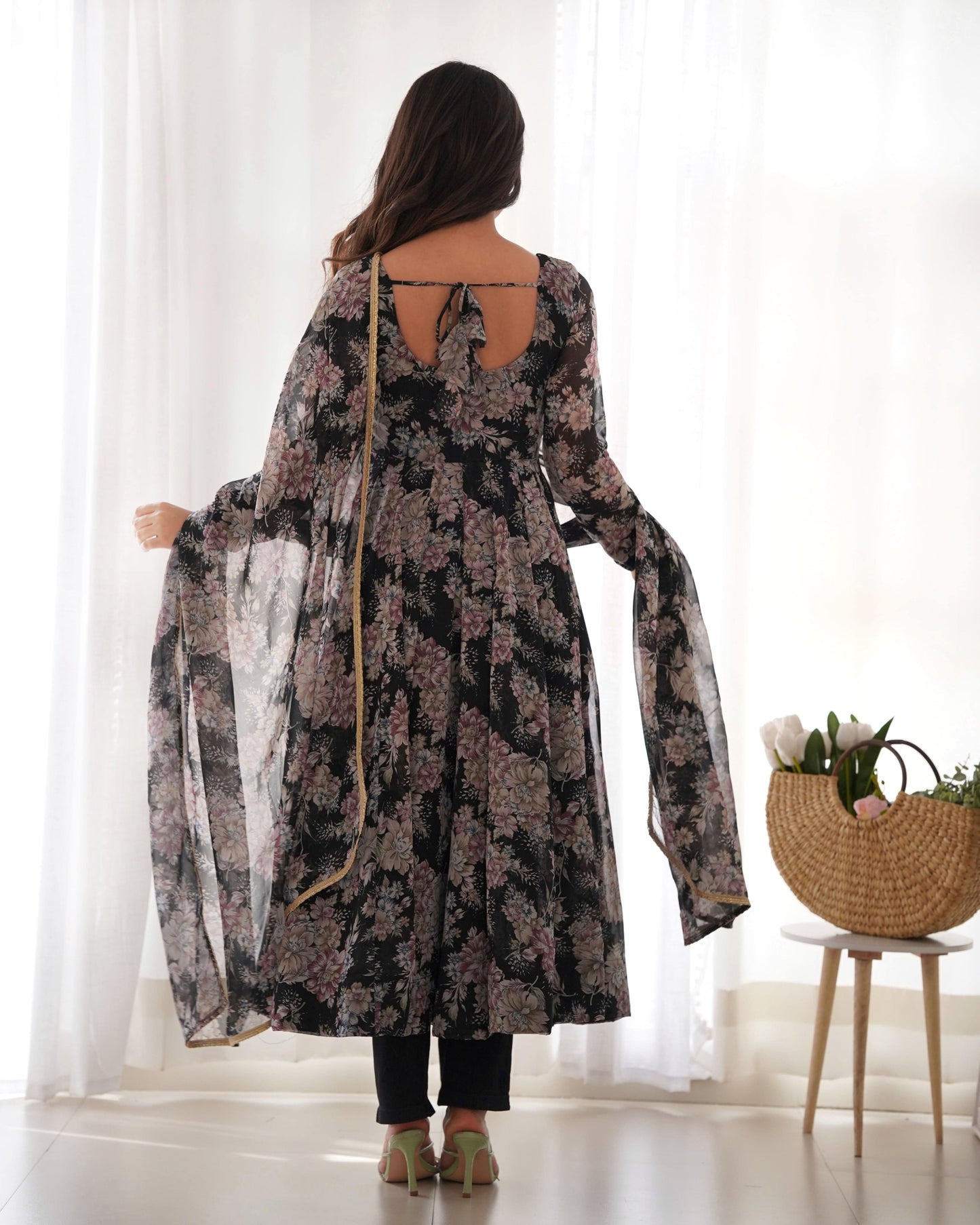 Captivating Black Floral Printed Fully Stitched Designer Anarkali Pant Suit - INDIAN ELEGANCE