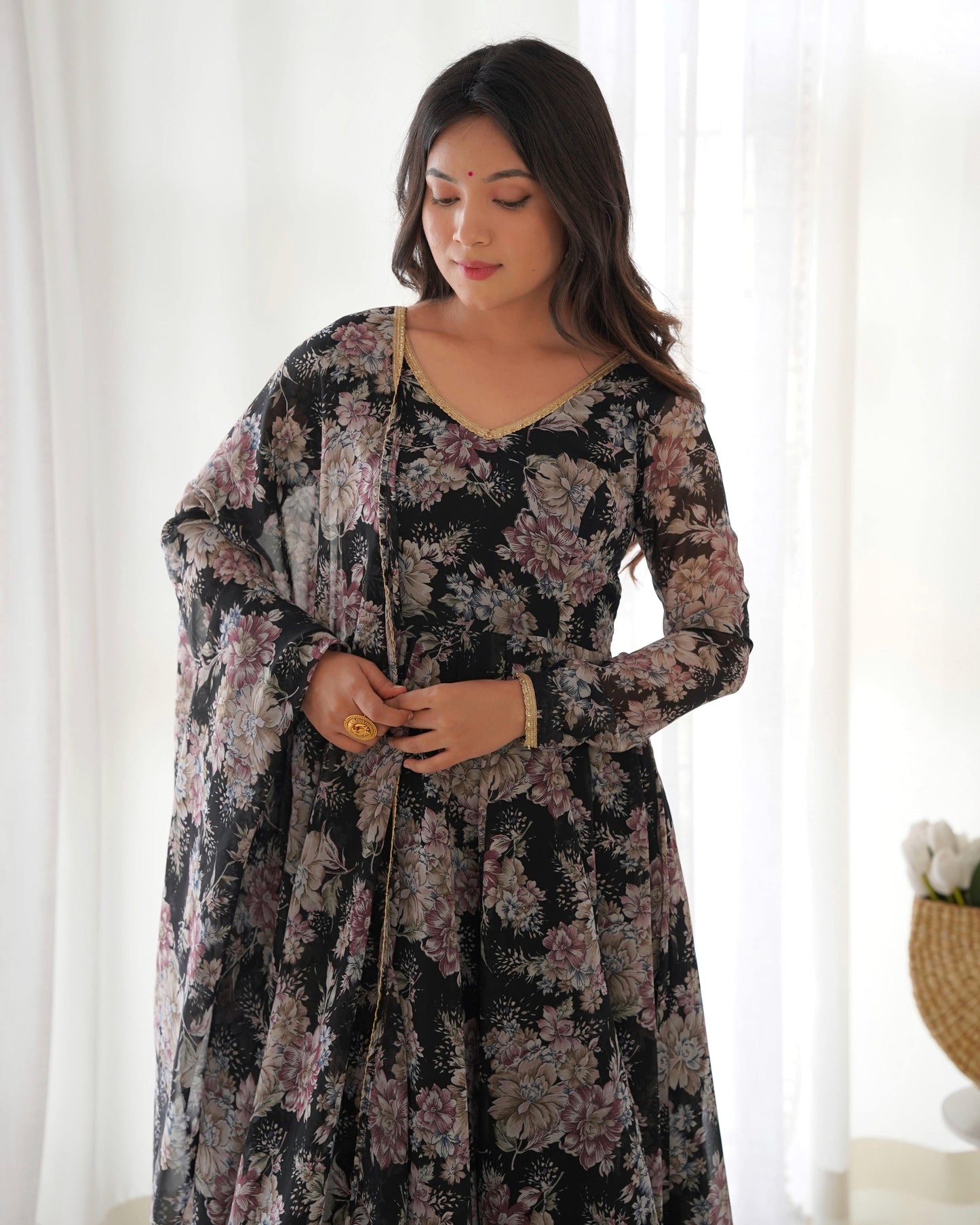 Captivating Black Floral Printed Fully Stitched Designer Anarkali Pant Suit - INDIAN ELEGANCE