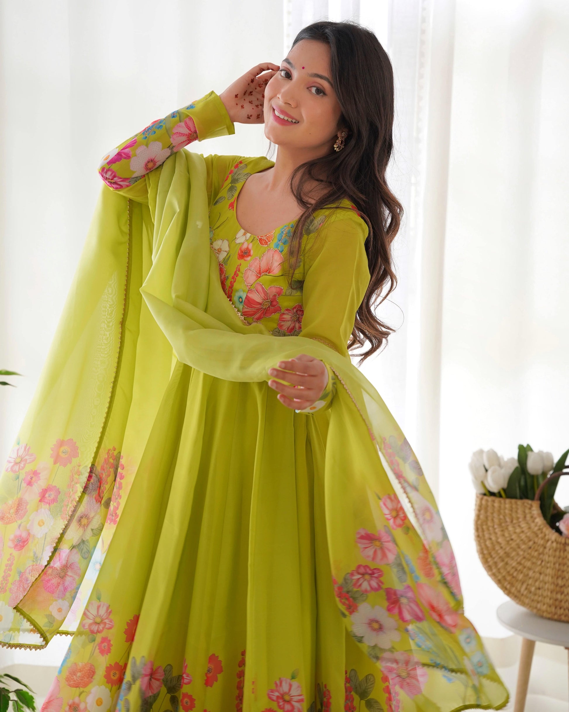 Breathtaking Organza Silk Floral Printed Designer Anarkali Pant Suit - INDIAN ELEGANCE