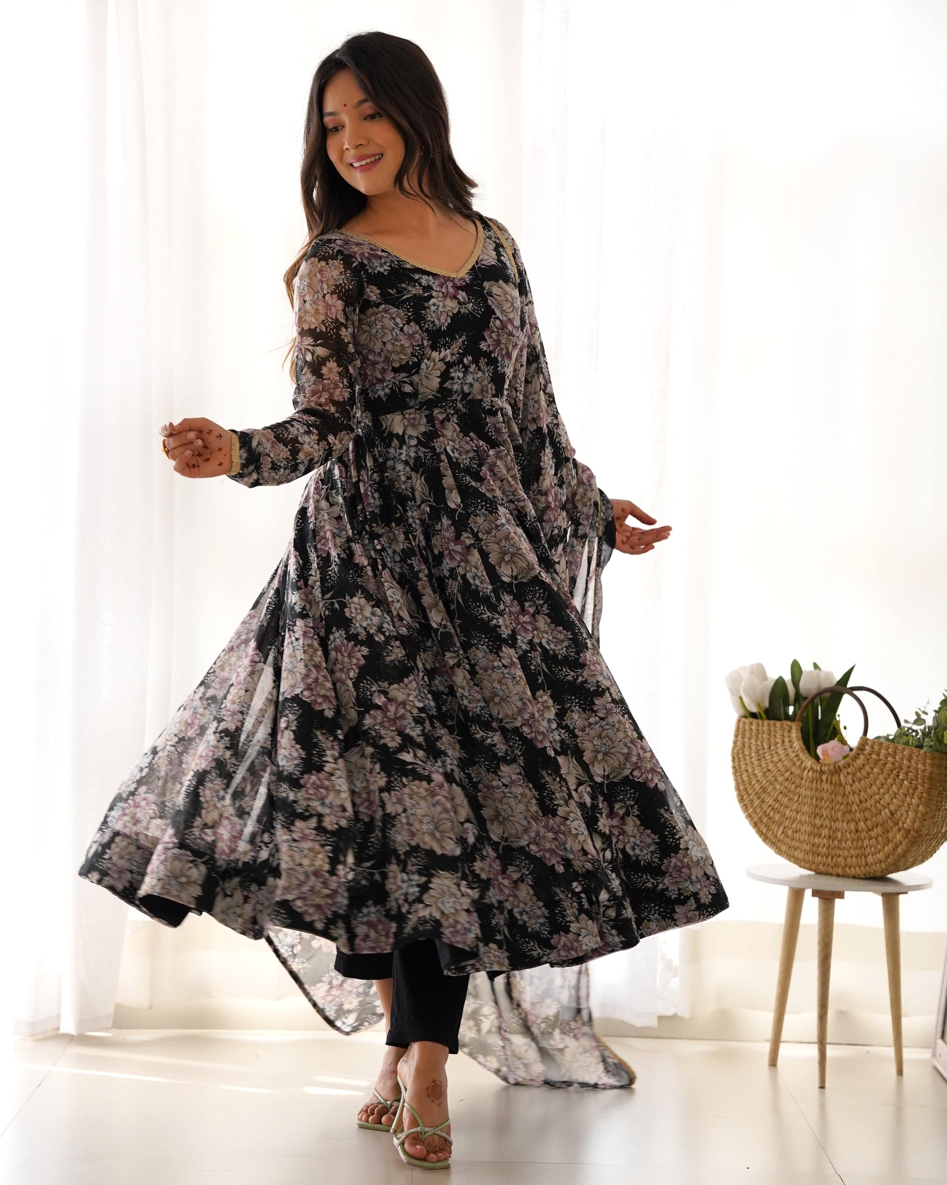 Captivating Black Floral Printed Fully Stitched Designer Anarkali Pant Suit - INDIAN ELEGANCE