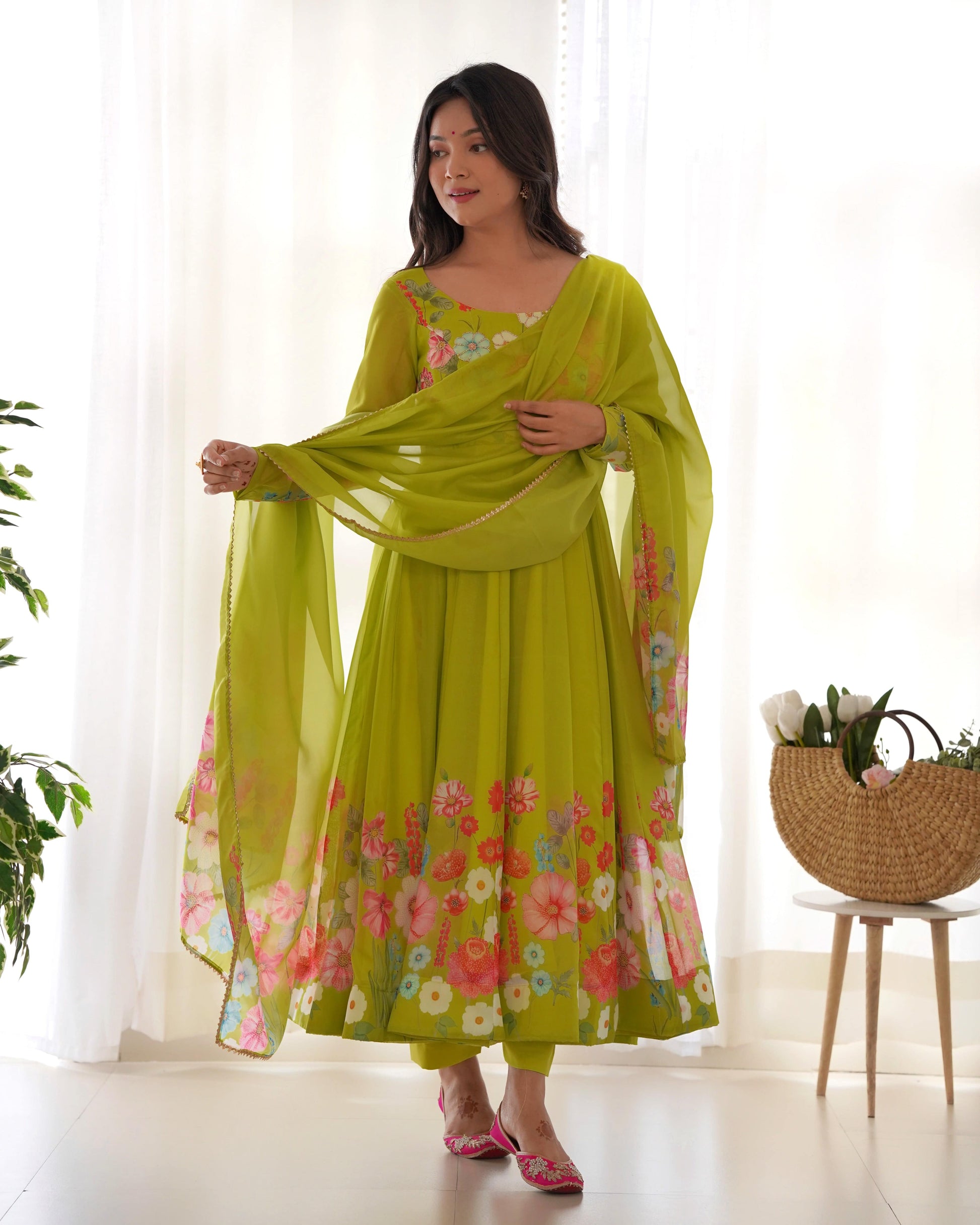 Breathtaking Organza Silk Floral Printed Designer Anarkali Pant Suit - INDIAN ELEGANCE