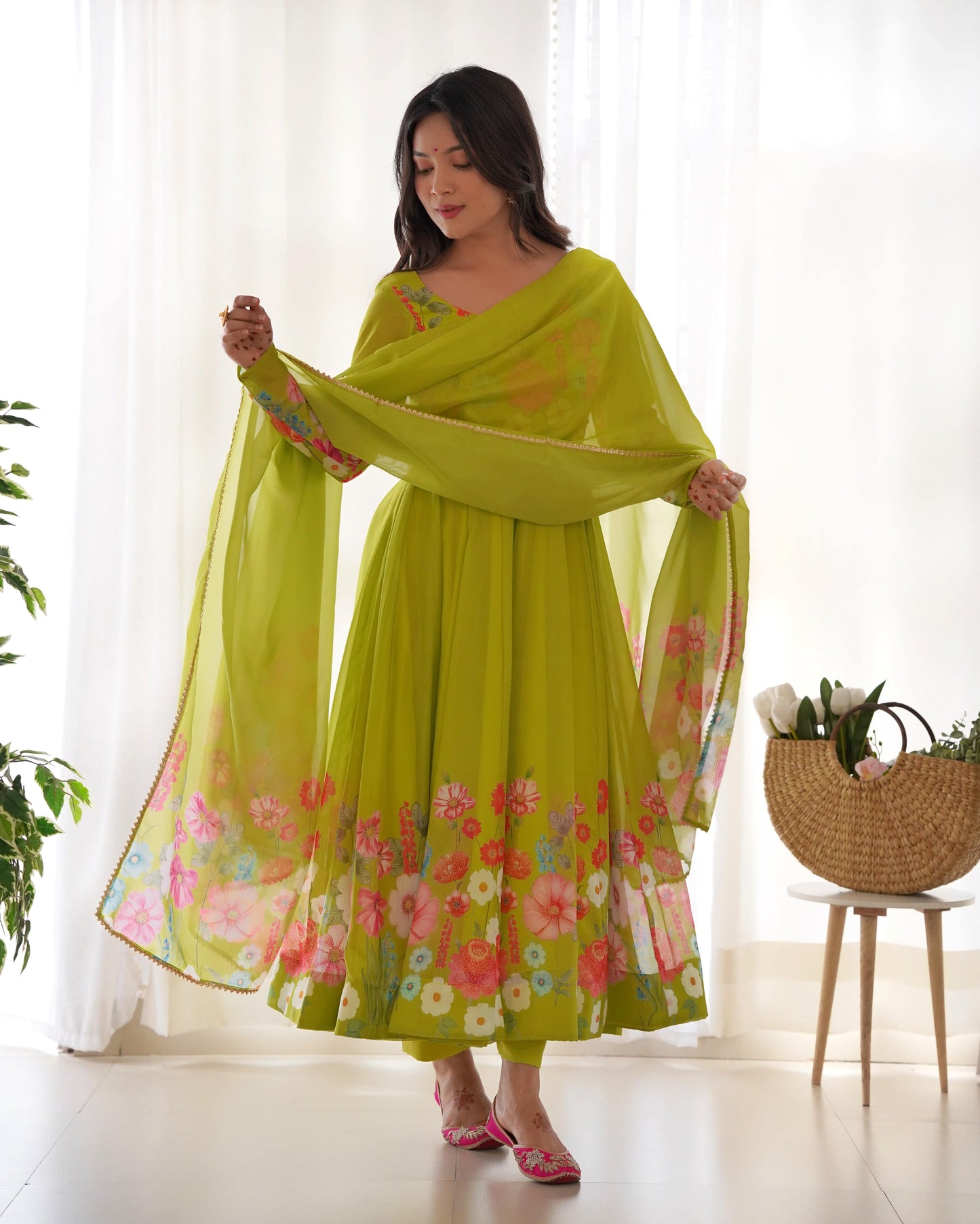 Breathtaking Organza Silk Floral Printed Designer Anarkali Pant Suit - INDIAN ELEGANCE