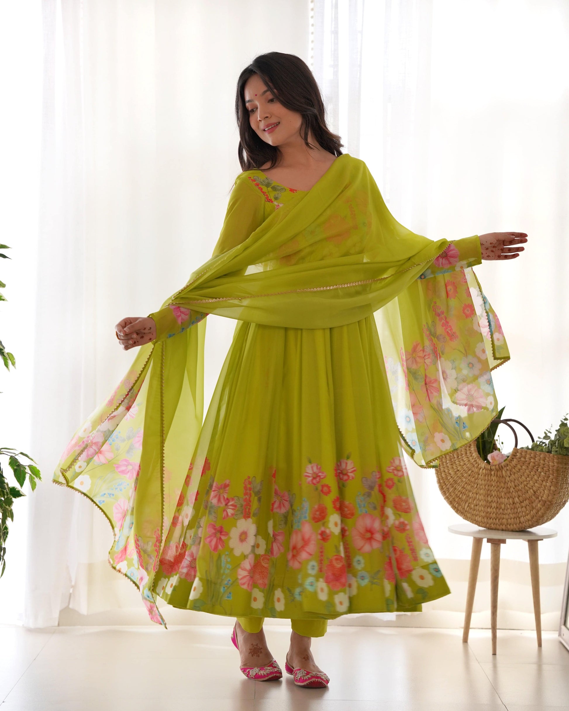 Breathtaking Organza Silk Floral Printed Designer Anarkali Pant Suit - INDIAN ELEGANCE