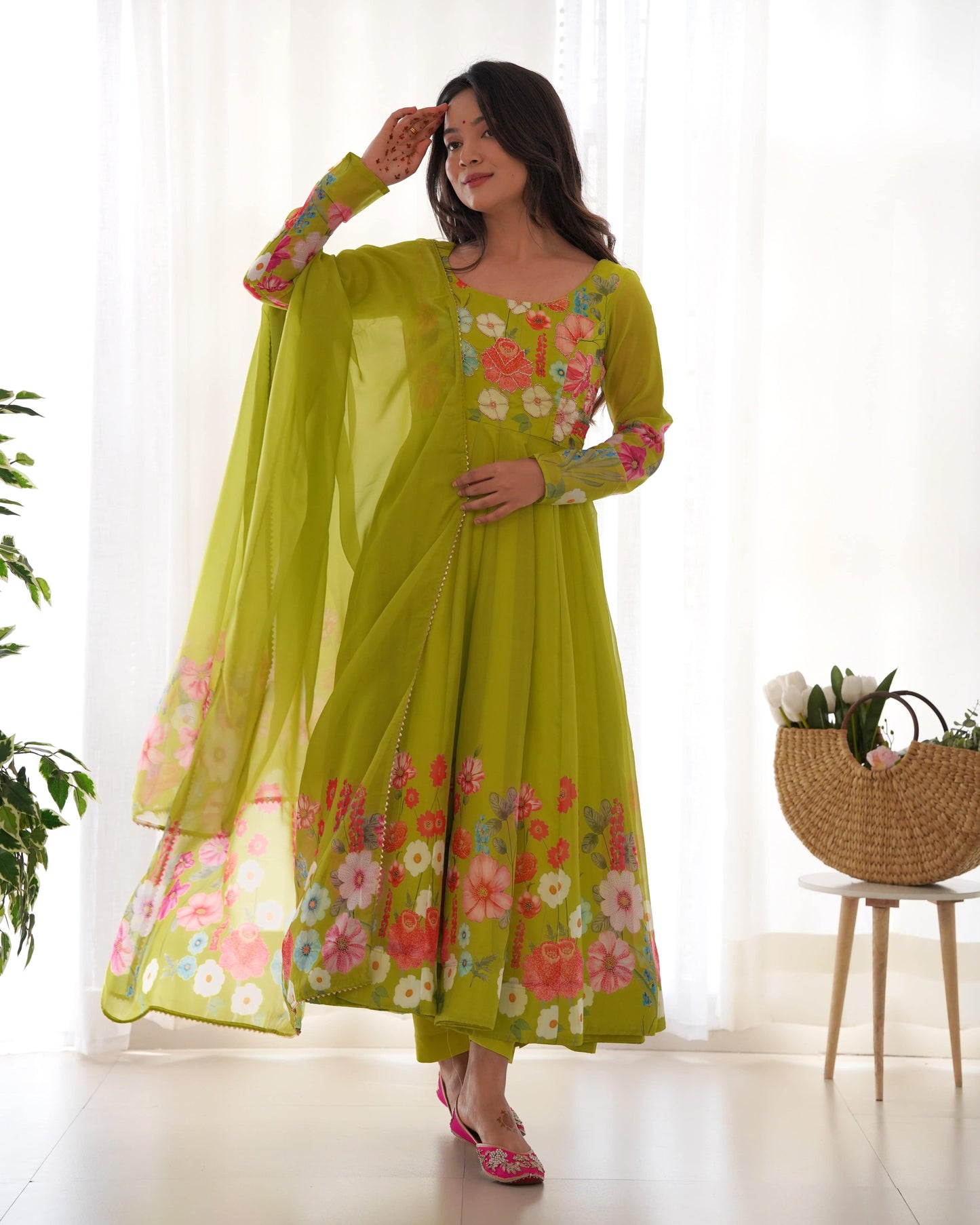 Breathtaking Organza Silk Floral Printed Designer Anarkali Pant Suit - INDIAN ELEGANCE