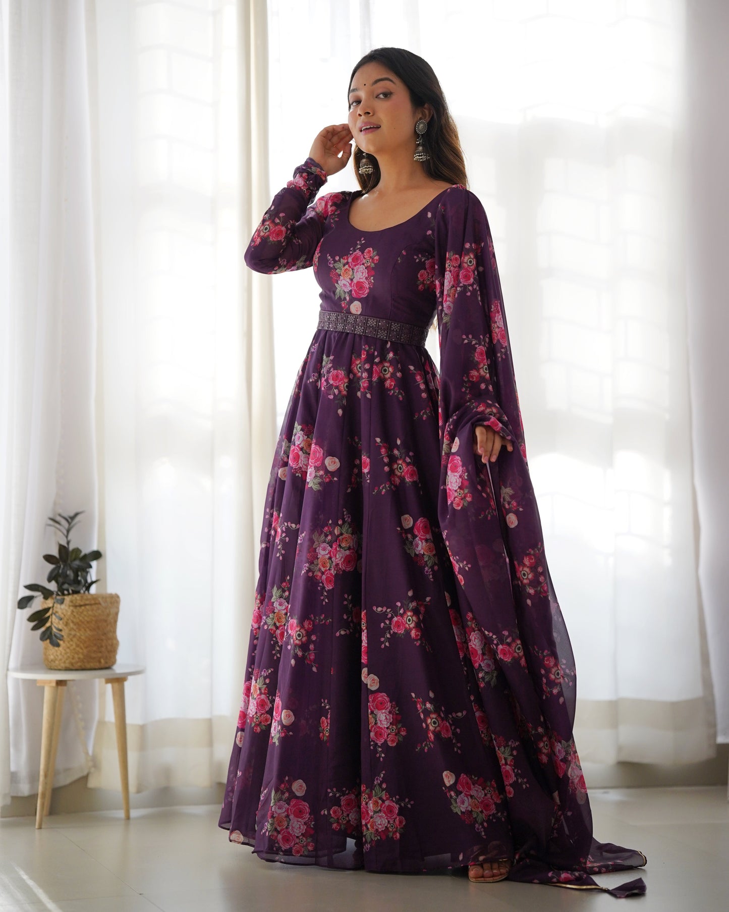 Glamorous Organza Silk Floral Printed Designer Anarkali Pant Suit - INDIAN ELEGANCE