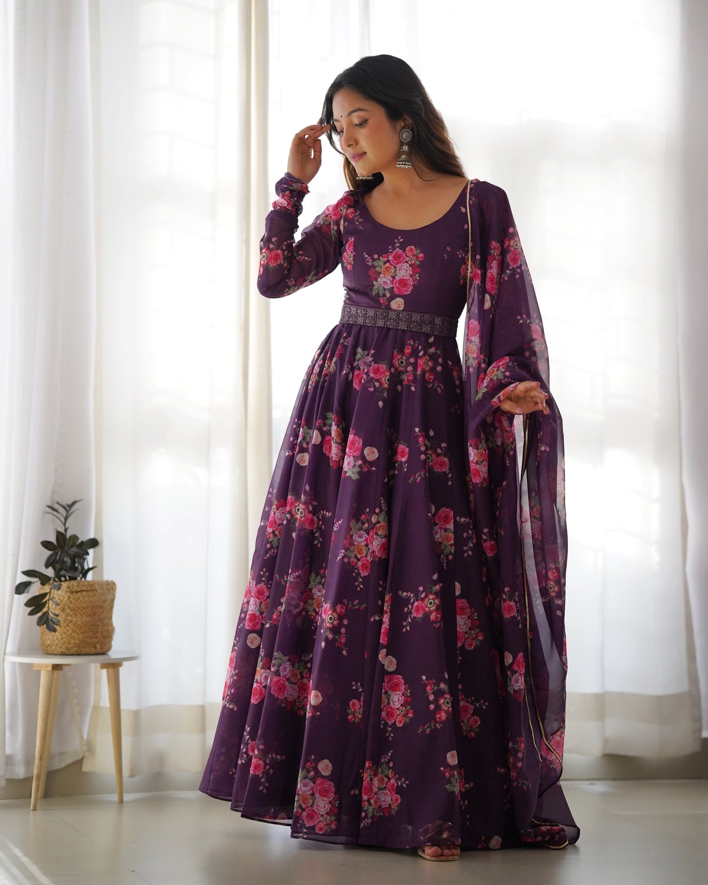 Glamorous Organza Silk Floral Printed Designer Anarkali Pant Suit - INDIAN ELEGANCE