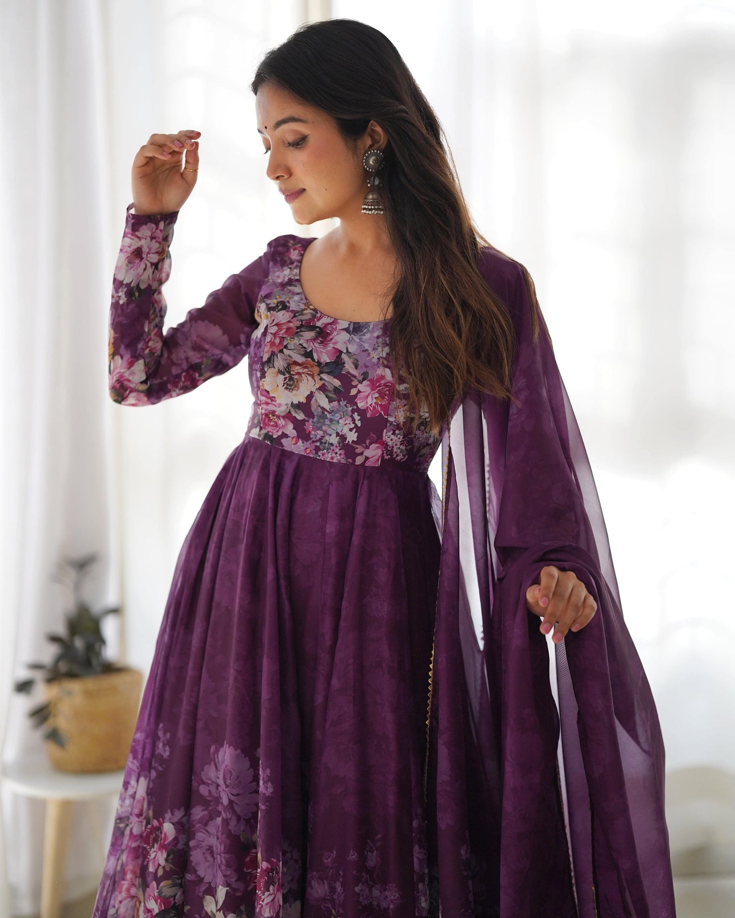 Lovely Organza Silk Floral Digital Printed Anarkali Pant Suit - INDIAN ELEGANCE