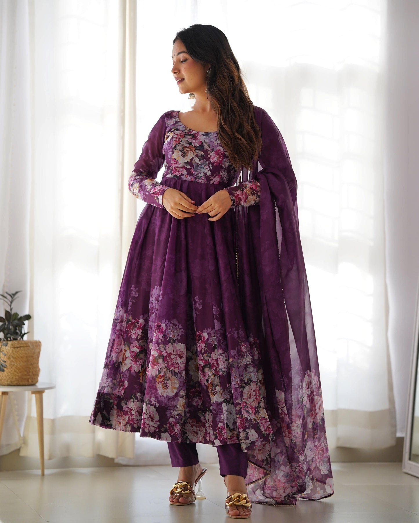 Lovely Organza Silk Floral Digital Printed Anarkali Pant Suit - INDIAN ELEGANCE