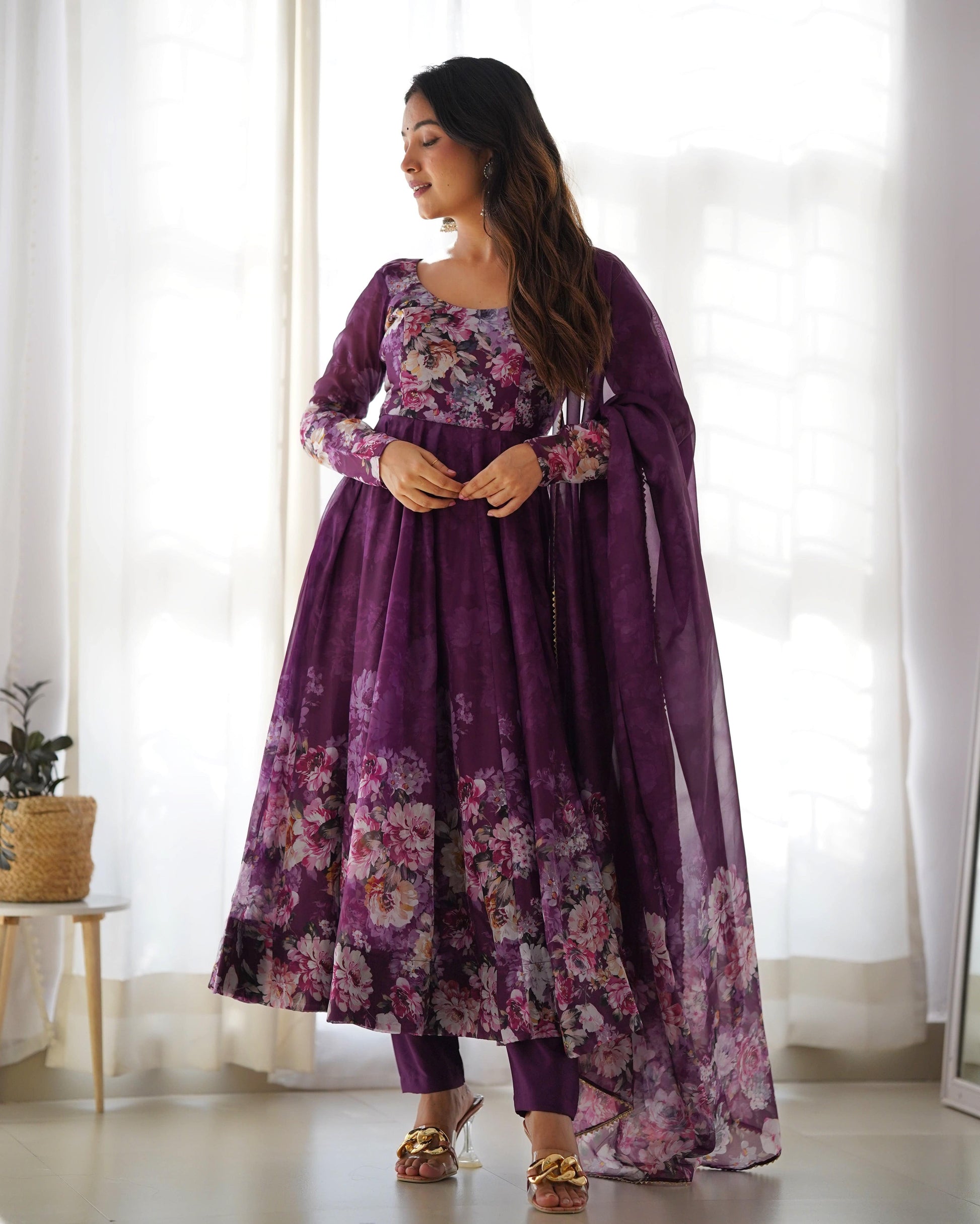 Lovely Organza Silk Floral Digital Printed Anarkali Pant Suit - INDIAN ELEGANCE