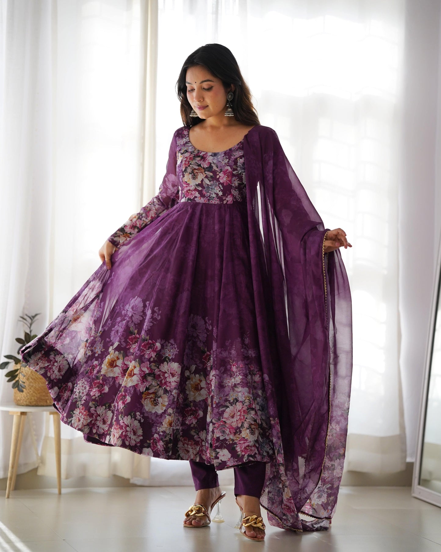Lovely Organza Silk Floral Digital Printed Anarkali Pant Suit - INDIAN ELEGANCE