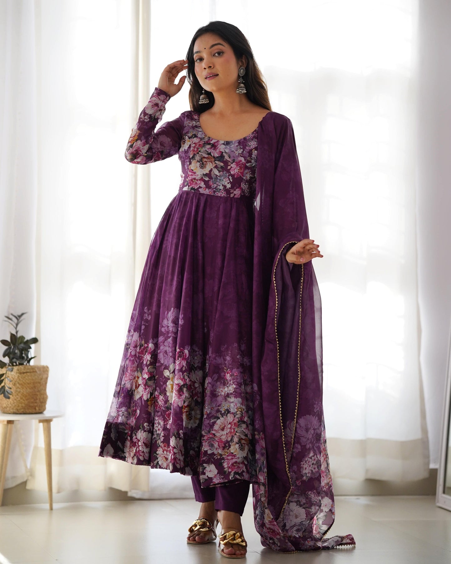 Lovely Organza Silk Floral Digital Printed Anarkali Pant Suit - INDIAN ELEGANCE