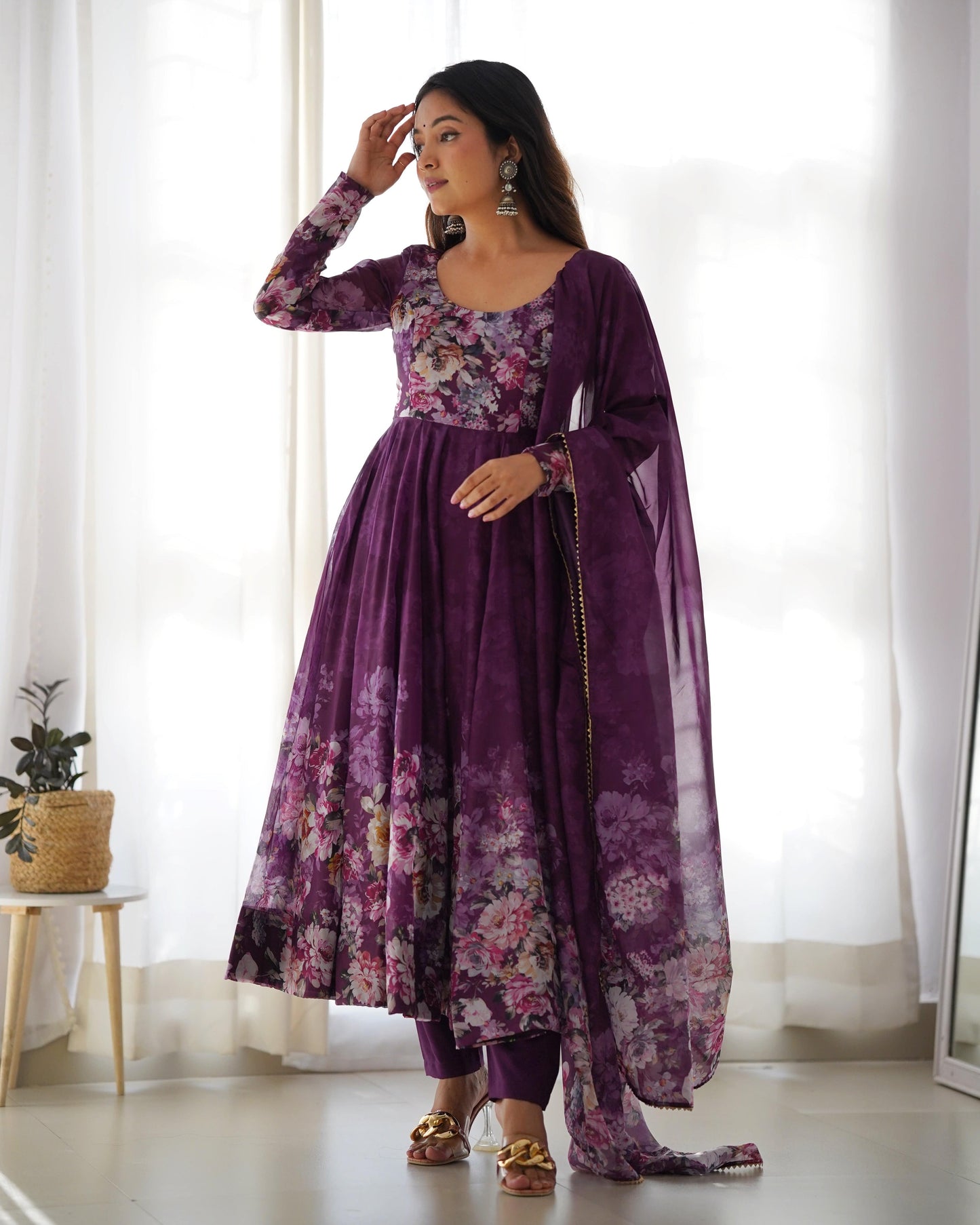 Lovely Organza Silk Floral Digital Printed Anarkali Pant Suit - INDIAN ELEGANCE