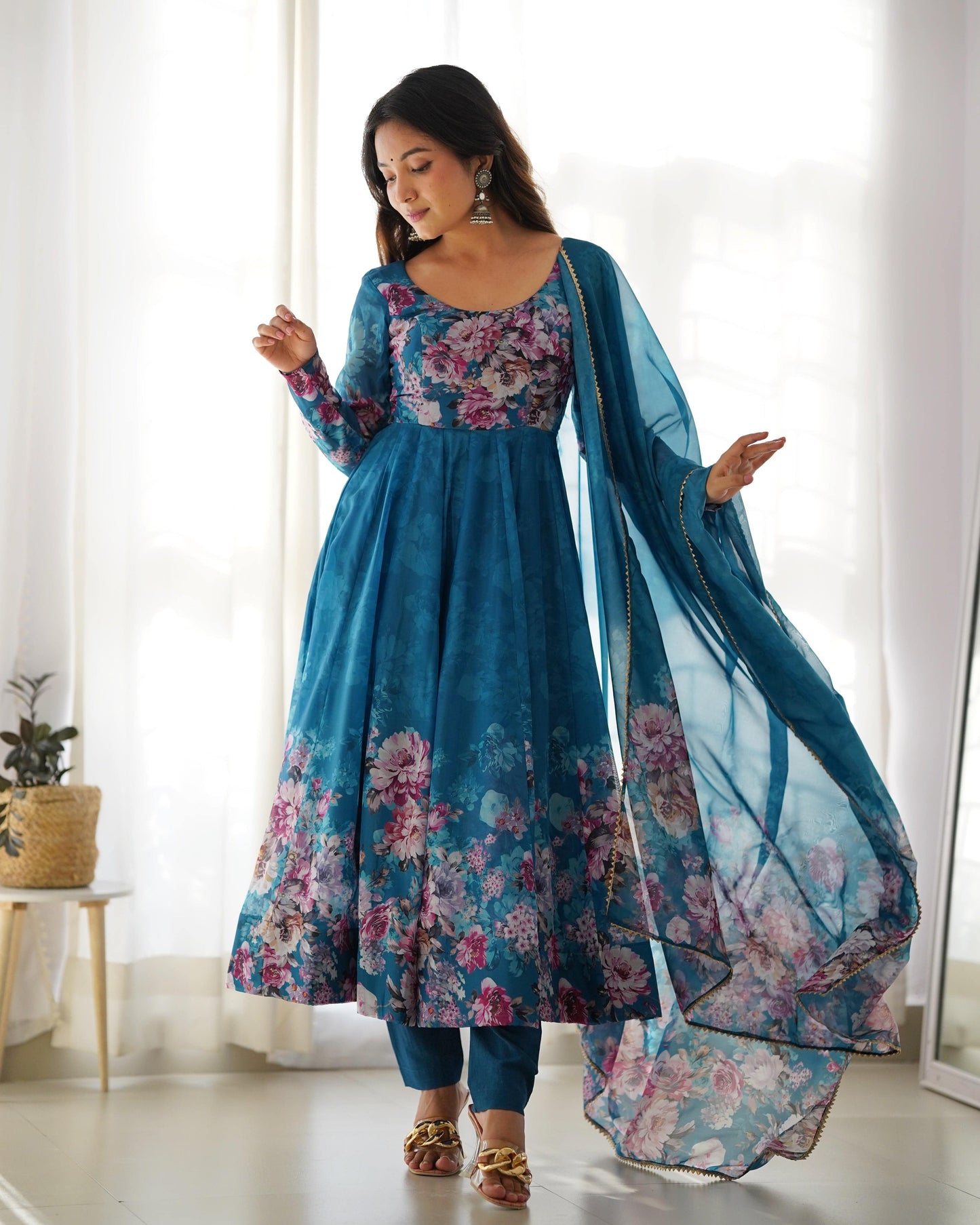 Lovely Organza Silk Floral Digital Printed Anarkali Pant Suit - INDIAN ELEGANCE