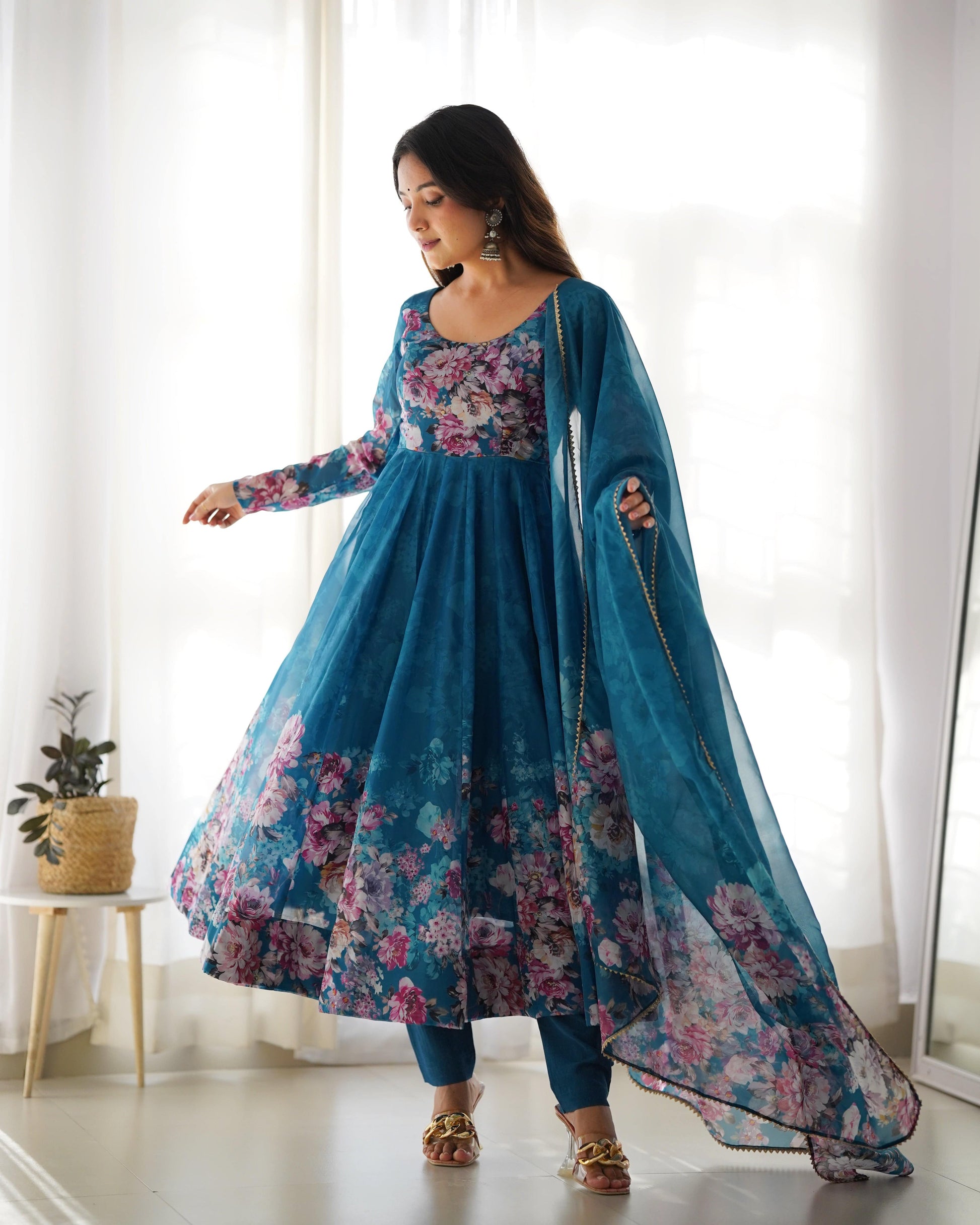 Lovely Organza Silk Floral Digital Printed Anarkali Pant Suit - INDIAN ELEGANCE