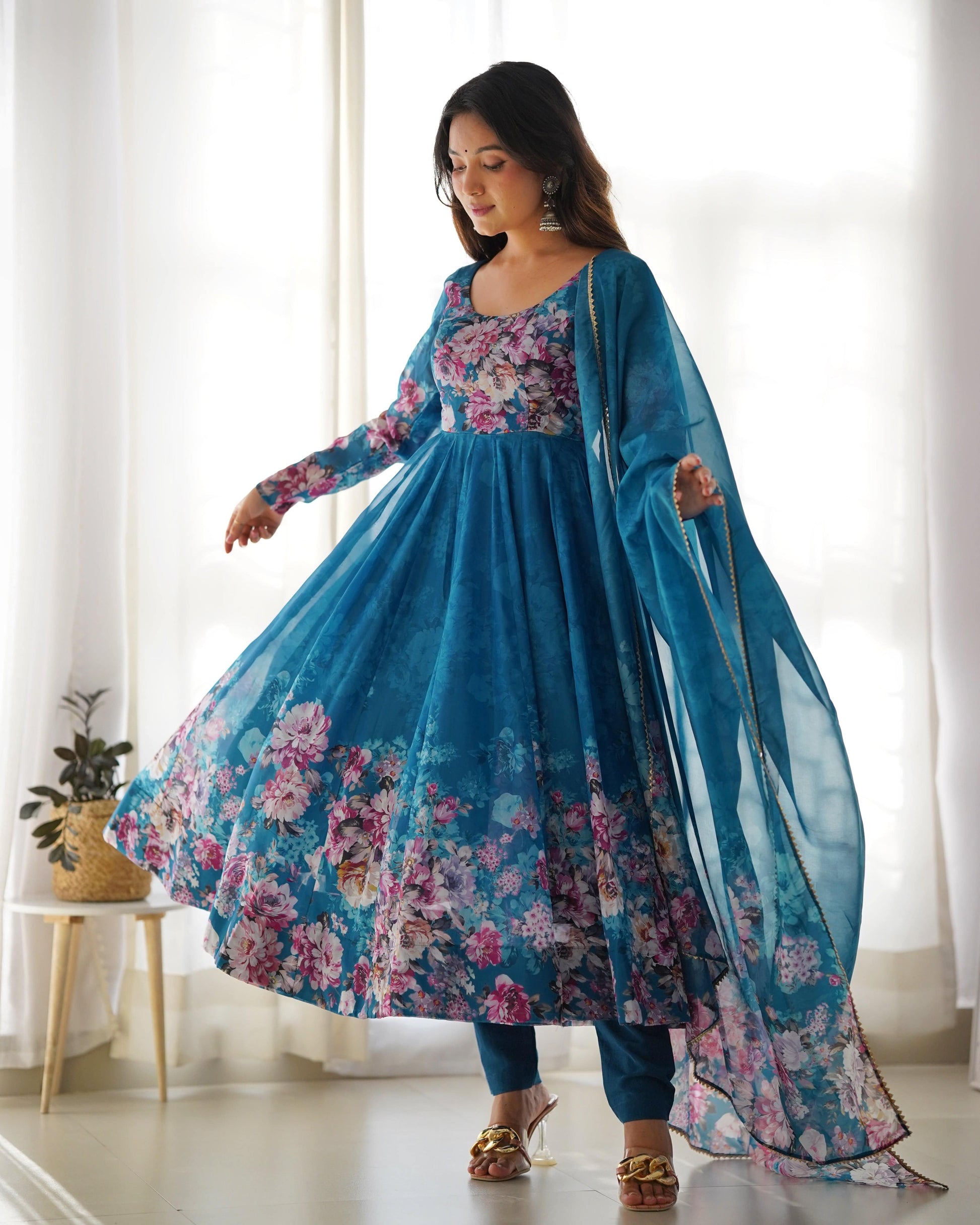 Lovely Organza Silk Floral Digital Printed Anarkali Pant Suit - INDIAN ELEGANCE