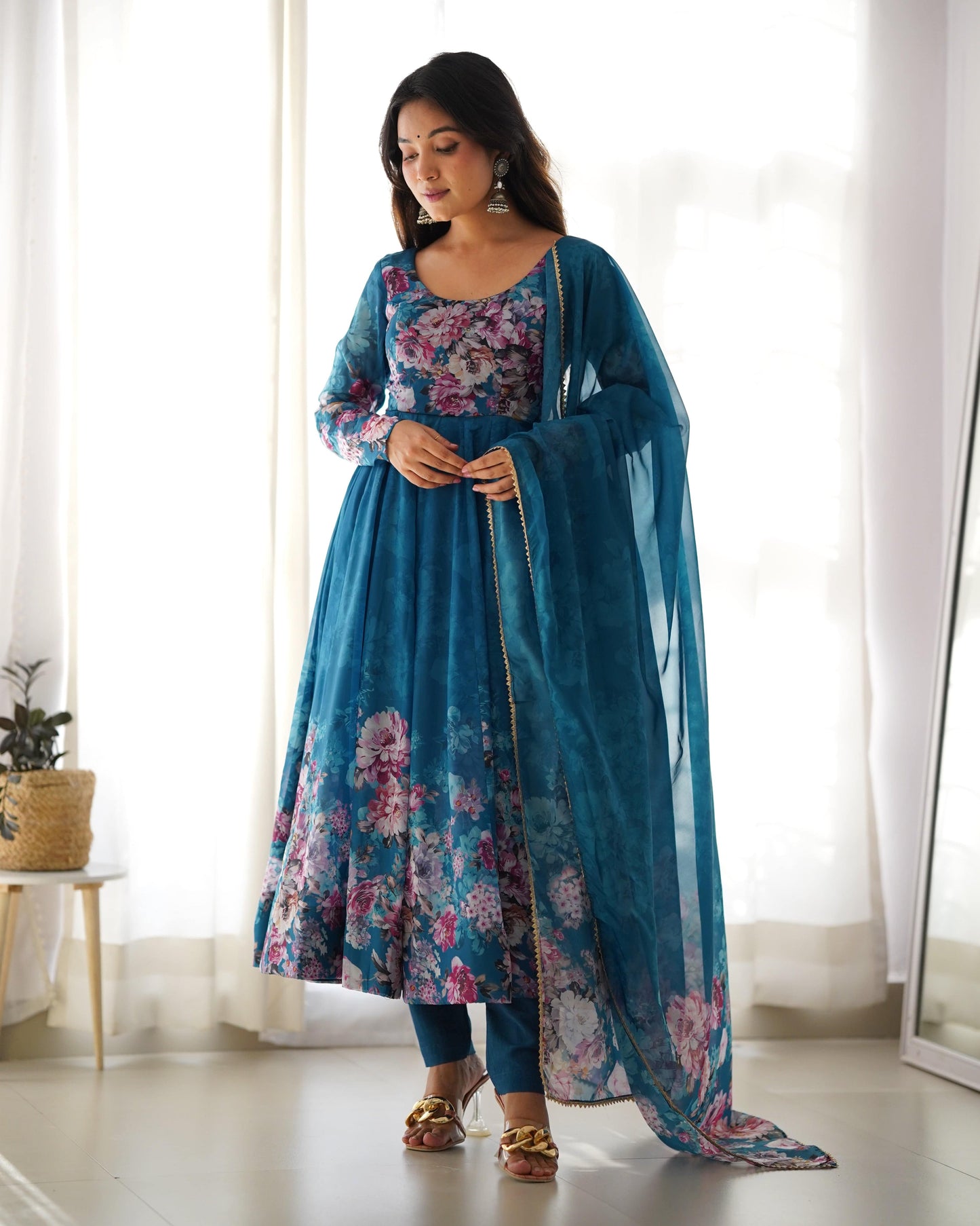 Lovely Organza Silk Floral Digital Printed Anarkali Pant Suit - INDIAN ELEGANCE