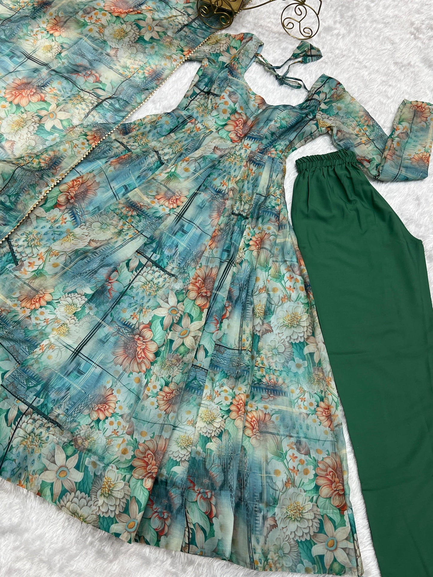 Graceful Organza Silk Intricate Printed Fully Stitched Anarkali Pant Suit - INDIAN ELEGANCE