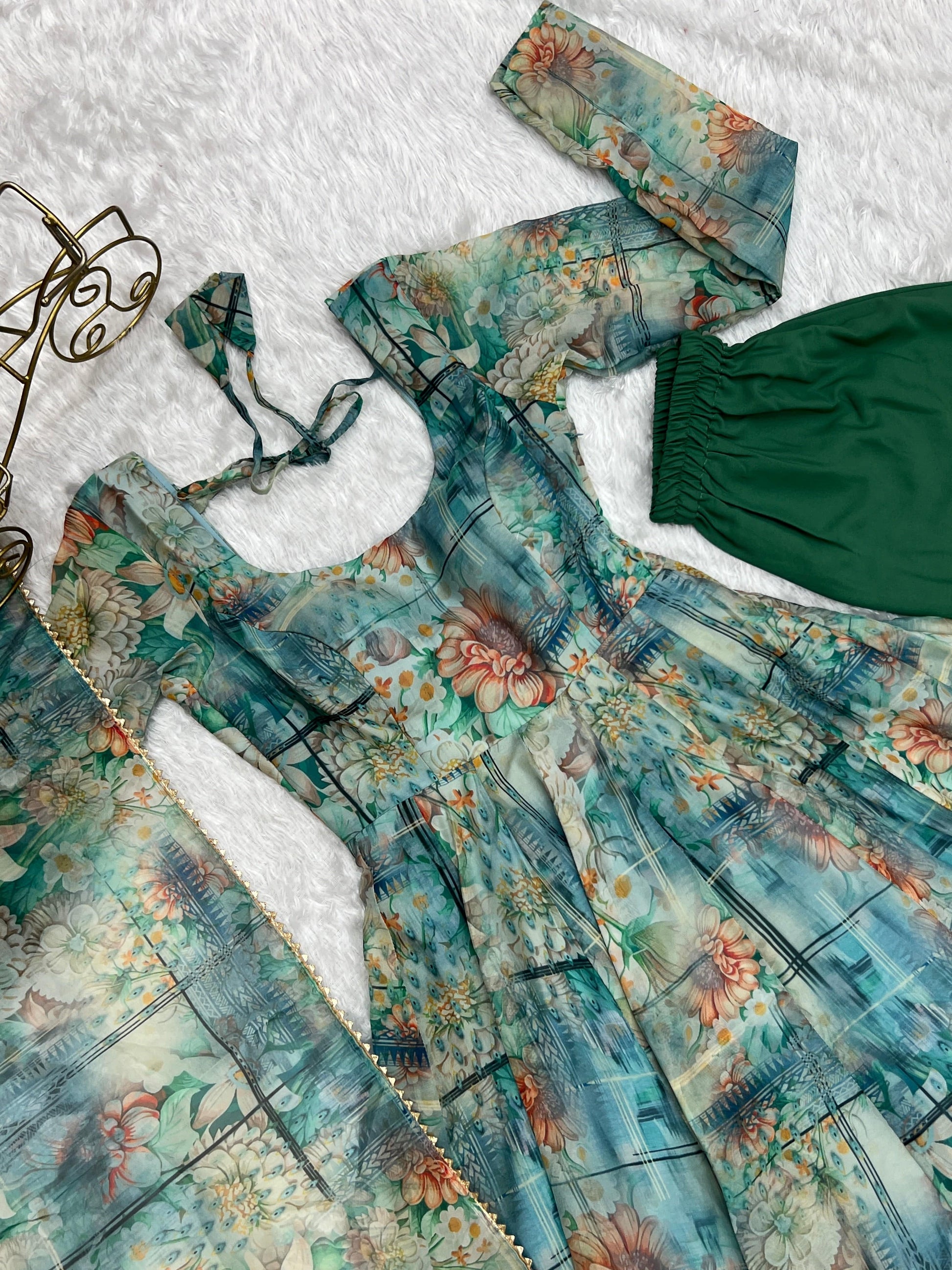 Graceful Organza Silk Intricate Printed Fully Stitched Anarkali Pant Suit - INDIAN ELEGANCE