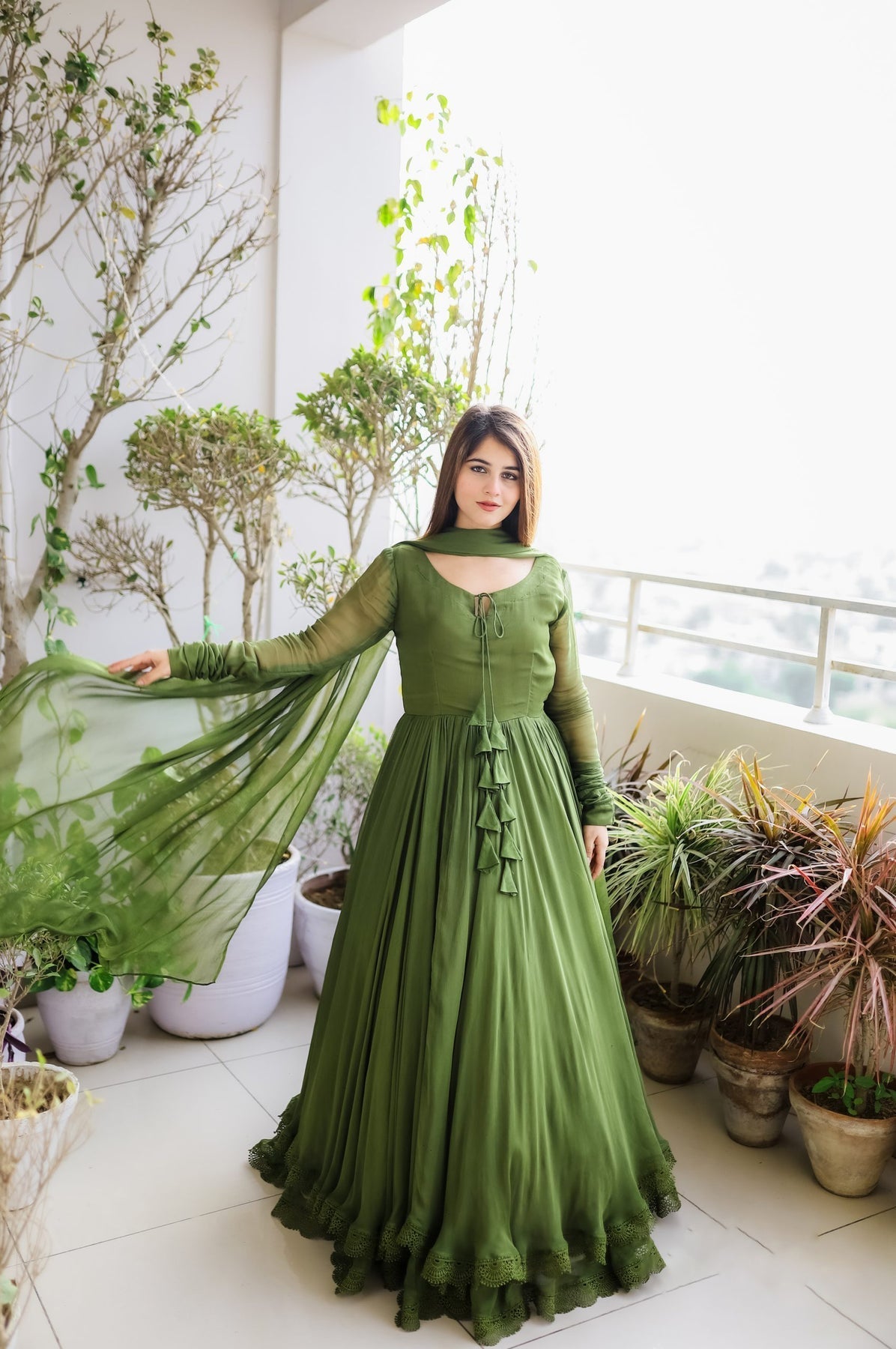 Green Long Double Layer Anarkali Set