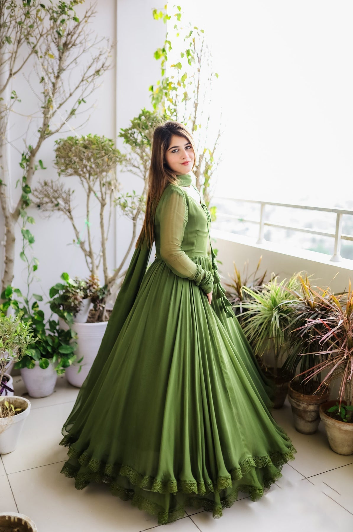 Green Long Double Layer Anarkali Set