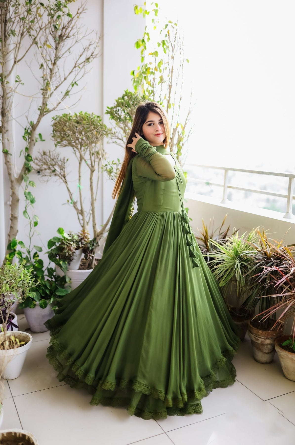 Green Long Double Layer Anarkali Set
