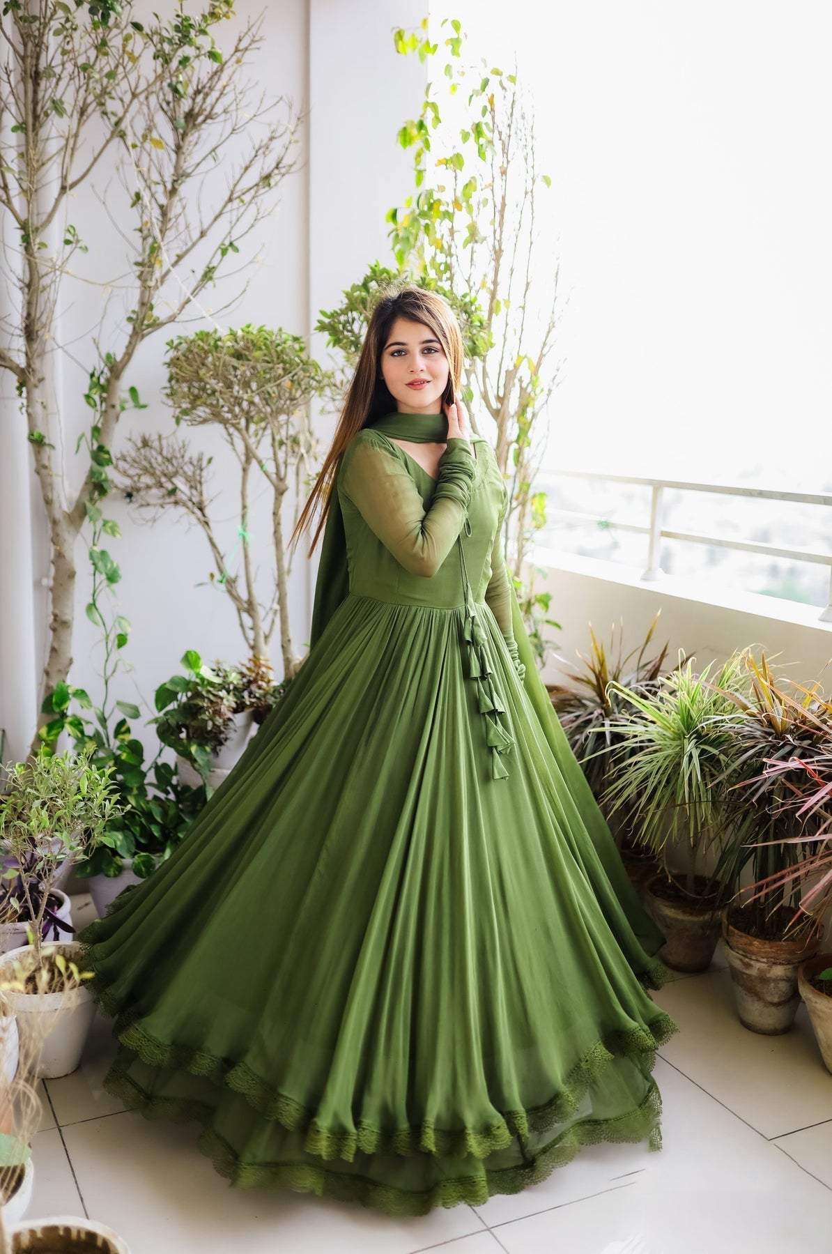 Green Long Double Layer Anarkali Set