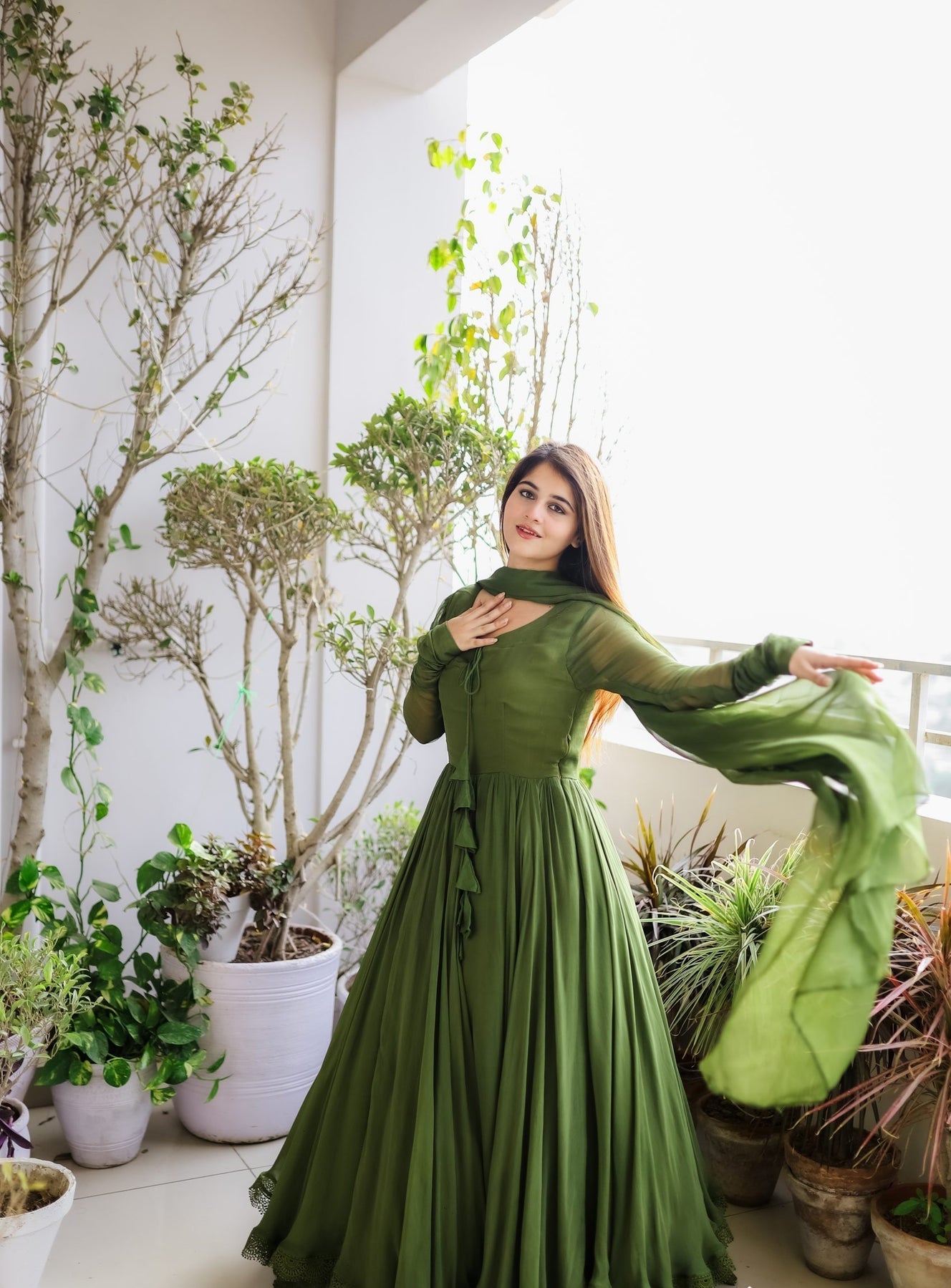Green Long Double Layer Anarkali Set