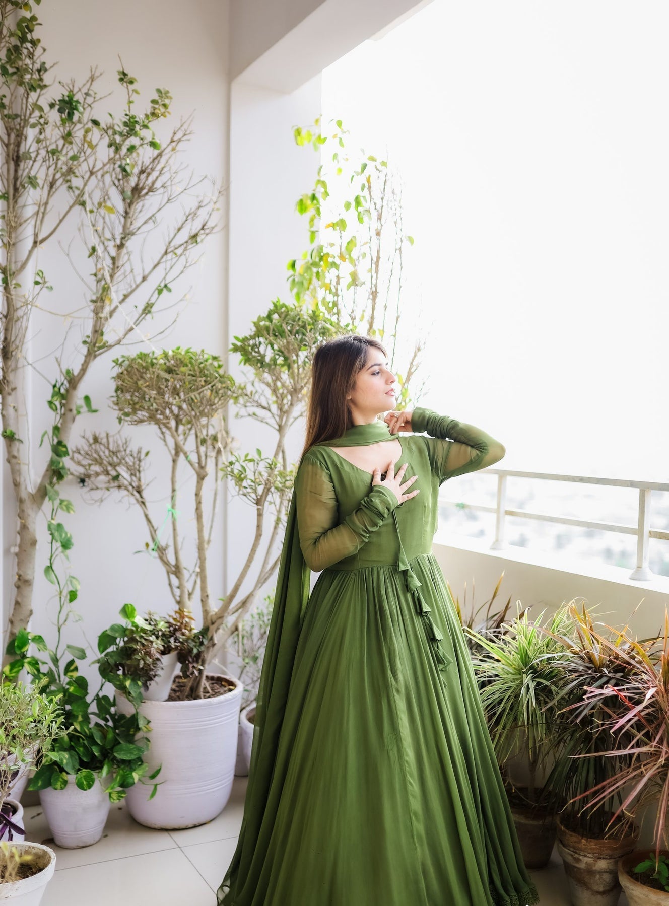 Green Long Double Layer Anarkali Set