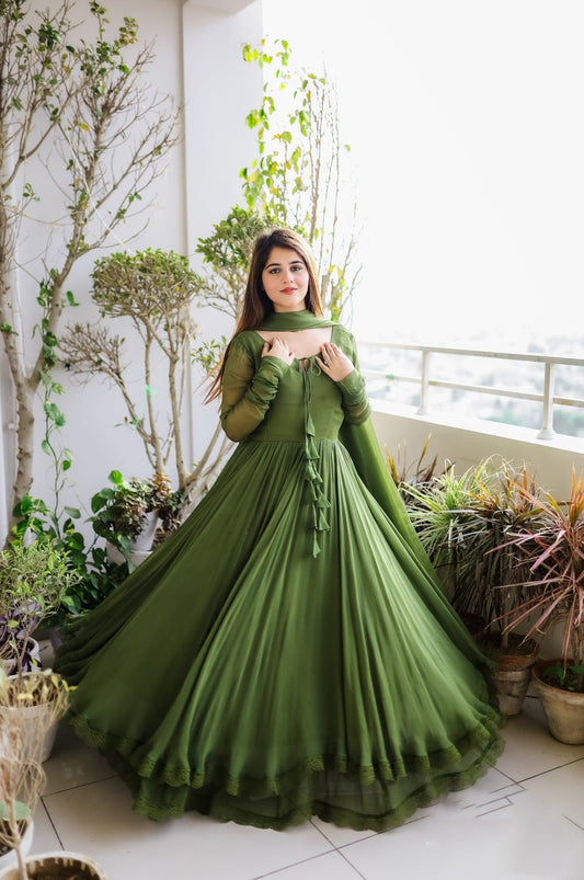 Green Long Double Layer Anarkali Set